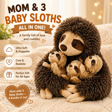 YOHAKI Sloth Plush Animal, 11.02" Cute Stuffed Sloth with 3 Baby Sloths, Easter Stuffed Sloth Animal, Washable Plush Toys, Cute Three Toed Sloth