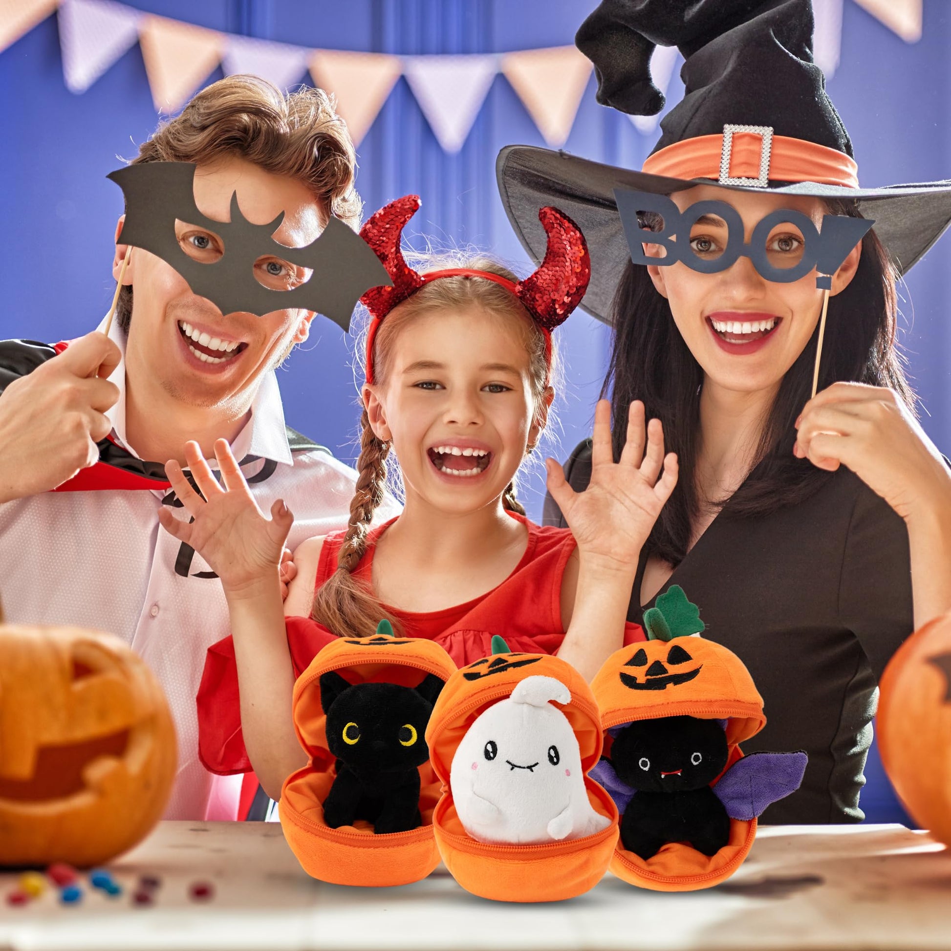 Plushland Halloween Zip-Up Pumpkin Stuffed Animal Plush Toys,Hideaway Spooky Black Cat Bat Ghost Plush Halloween Toy for Festive Decorations & Fun