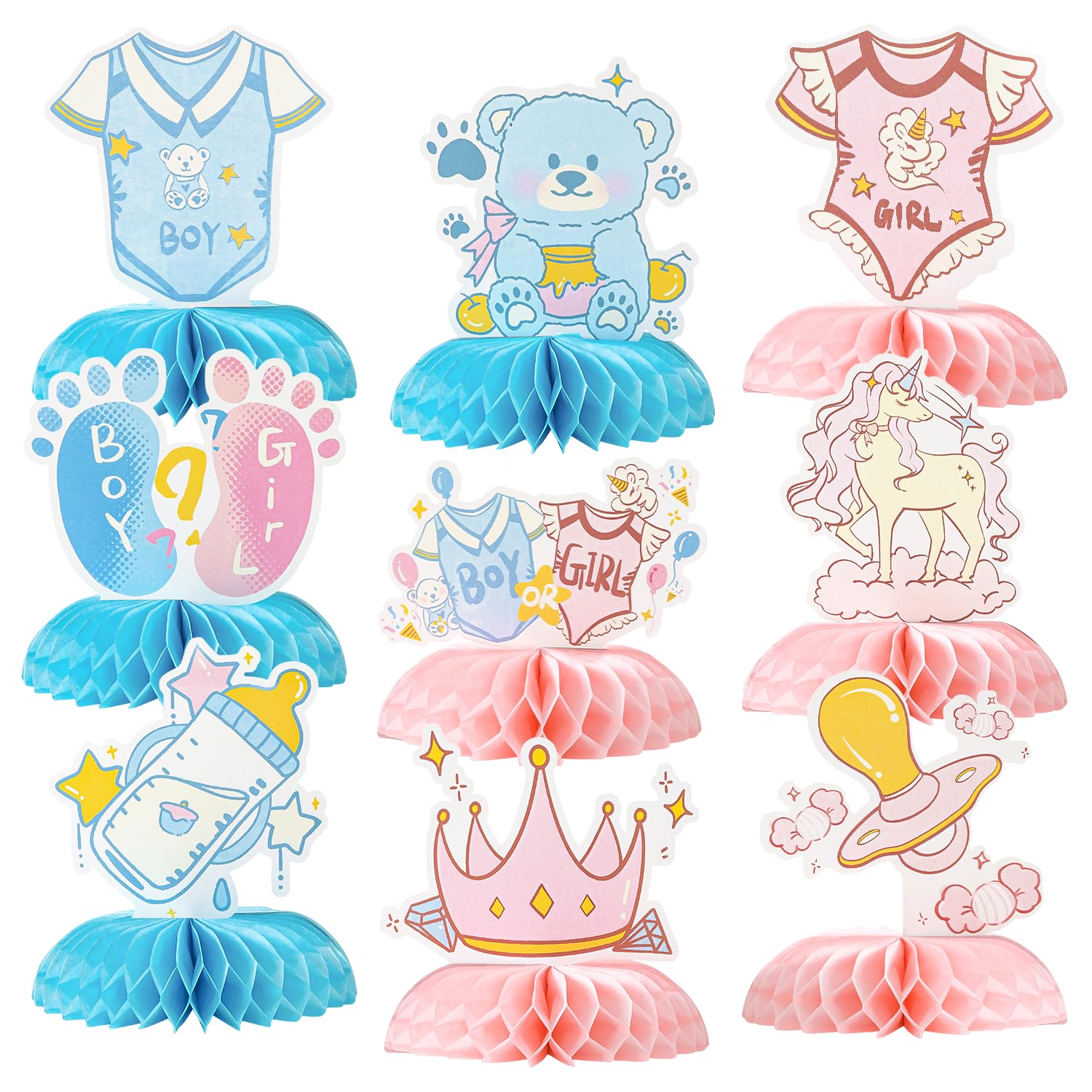 Gender Reveal Honeycomb Centerpieces Set - 9 PCS Baby Shower Table Decorations with Unicorn, Bear, Bottle, Pacifier & Crown Designs, Includes Clear