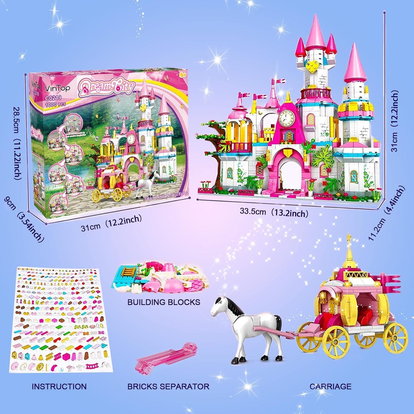 KOJAYHOL Castle STEM Building Toys for Girls Ages 6-12 Years Old, 1000PCS Building Sets for Girls & Boys, Pink Princess Castle Carriage Playset