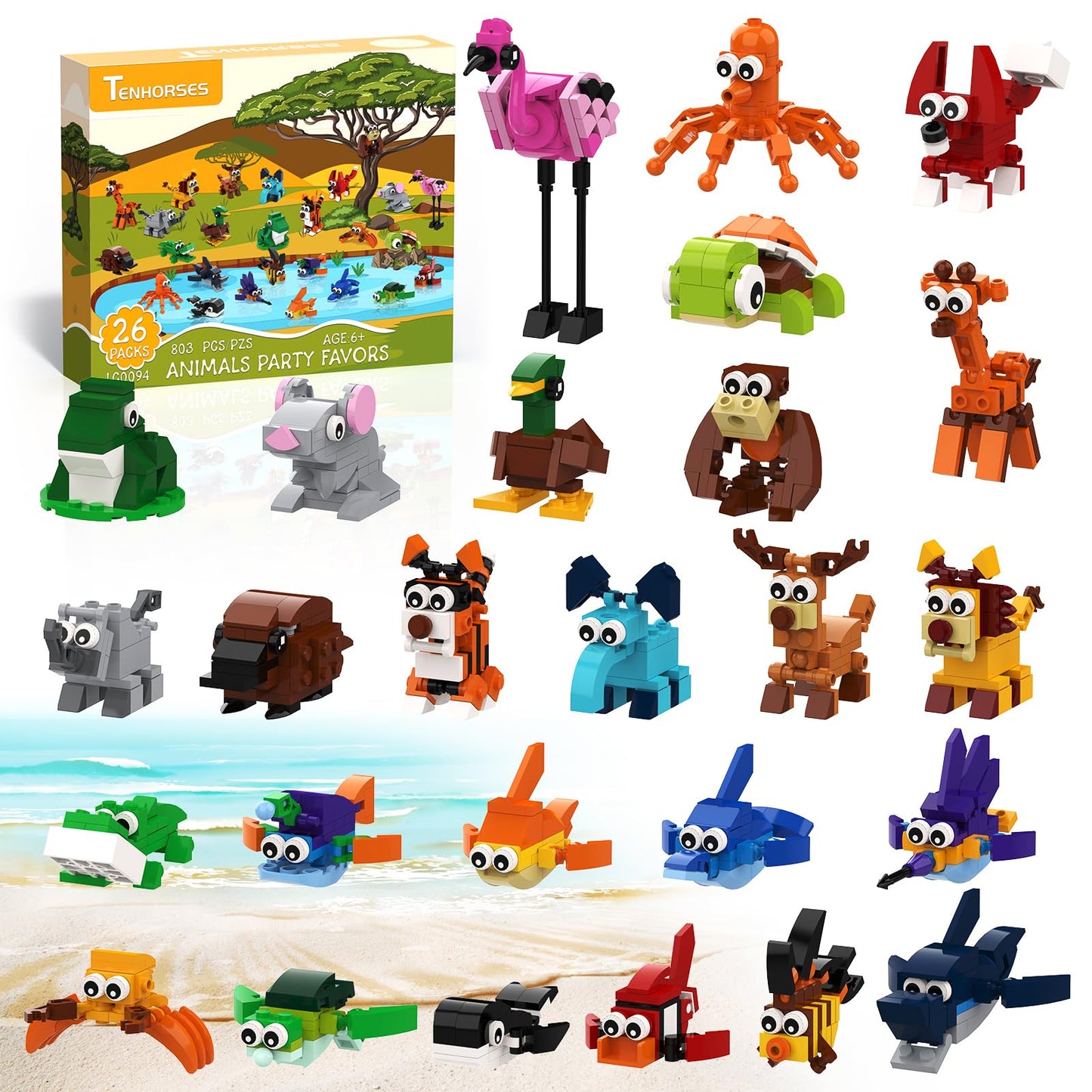 Tenhorses Party Favors for Kids Building Set, 26 Pack Animals Building Block Toys Valentines Classroom Prizes Goodie Bags, Easter Basket Stuffers