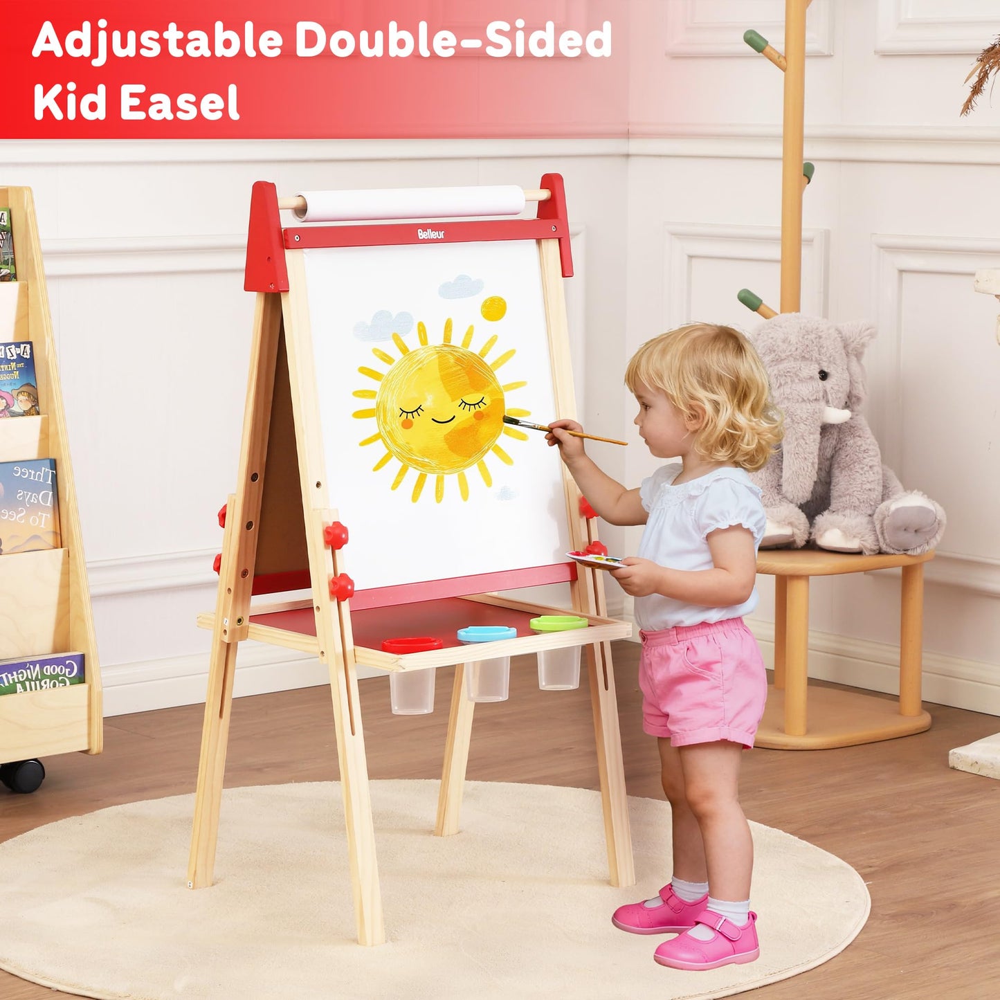 Belleur Wooden Art Easel for Kids 2+, Adjustable Double Sided Easel for Toddlers with Dry-Erase Board & Magnetic Whiteboard & Paper Roll Rod, 28"-40"