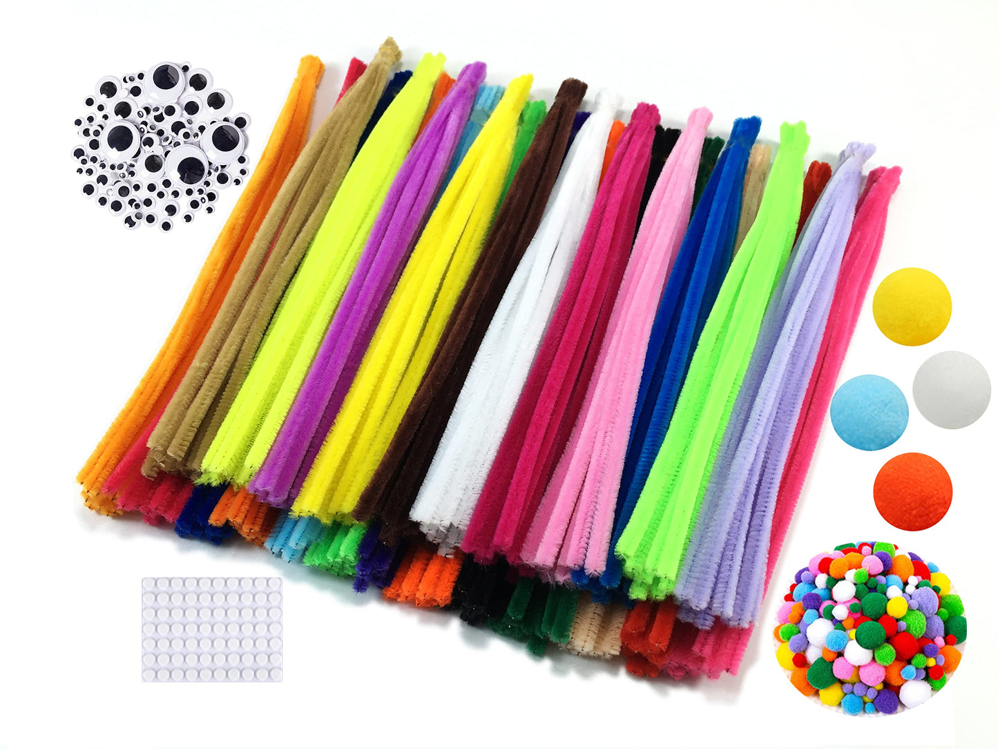 HoneyToys 720Pcs 24 Colors Creative Pipe Cleaners Chenille Stem 100Pcs Wiggle Eyes 69Pcs Pompoms 100Pcs Stickers, Pipe Cleaners Pompoms for Arts