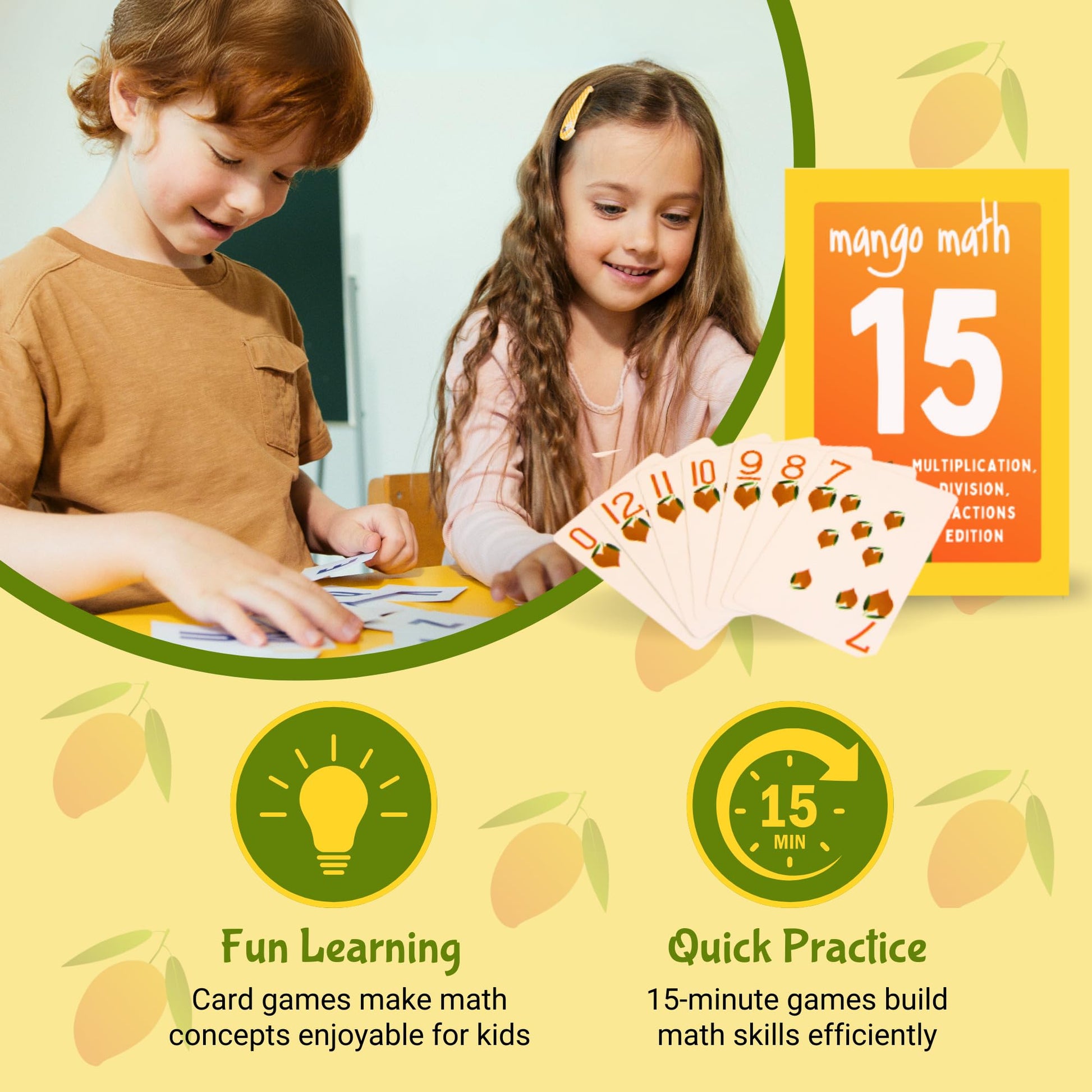 MANGO Math 15® - Math Flash Cards - Educational Math Games for Kids - Multiplication, Division, Fractions Learning Kit -2nd 3rd 4th Grades - Kids 6-12