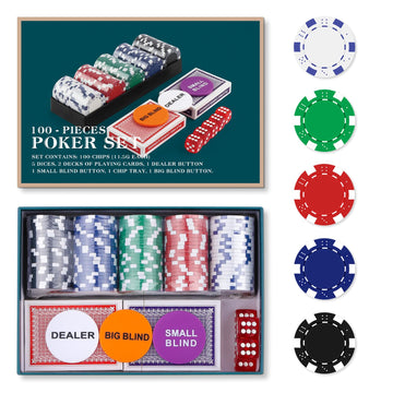 Homwom Poker Chip Travel Set, 100PCS 5 Color Professional Poker Chips in Cardboard Gift Box, 11.5 Gram Clay Composite Casino Poker Chips for Casino