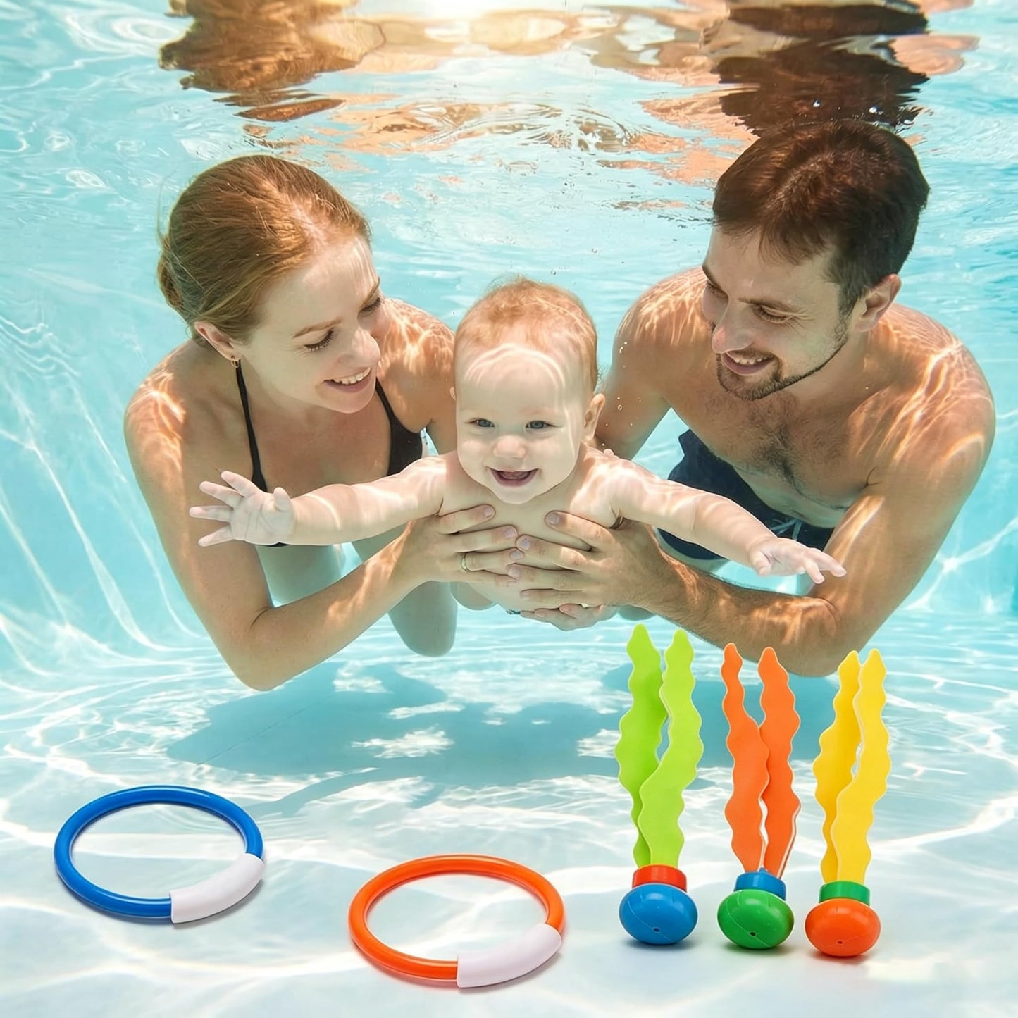 Eeonirin 19 PCS Swimming Pool Diving Party Set, Including 4 Rings + 4 Torpedoes + 8 Gemstones + 3 Seaweeds. Suitable for Swimming Pool Family Party
