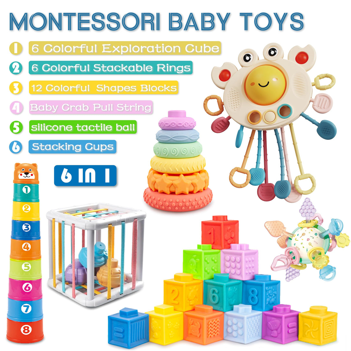 SYUUKH 6 in1 Baby Toys 6-12 Months?Infant Toys 6-12 Months?Incl 12pc Soft Stacking Blocks &Silicone Pull String & Manhattan Ball& 2 Stacking Toys