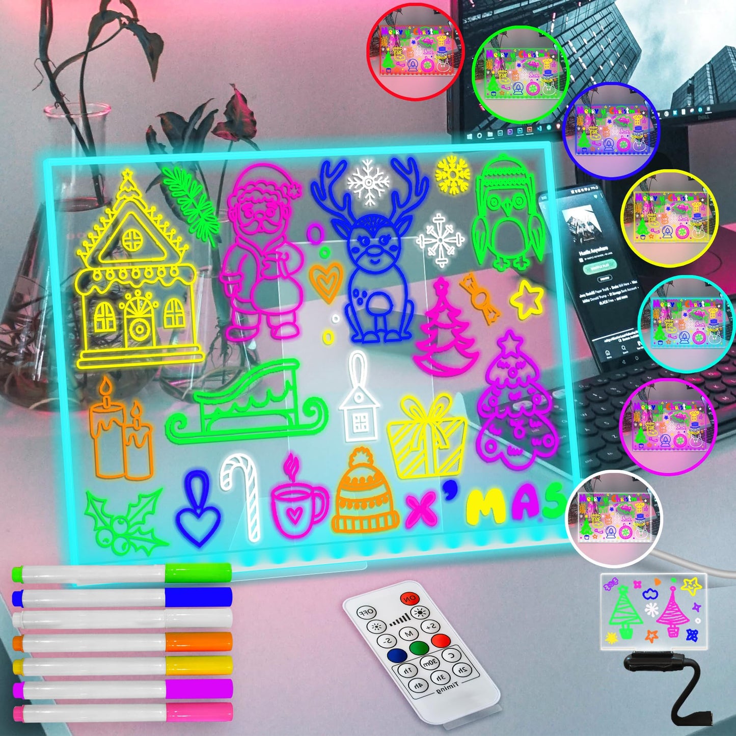 Fanrui LED Dry Erase Board with Light - 11.8 x 7.9 Inch Dimmable Memo Board, 7 Color Changing Night Light, Remote & Timer, USB Powered Clear Acrylic