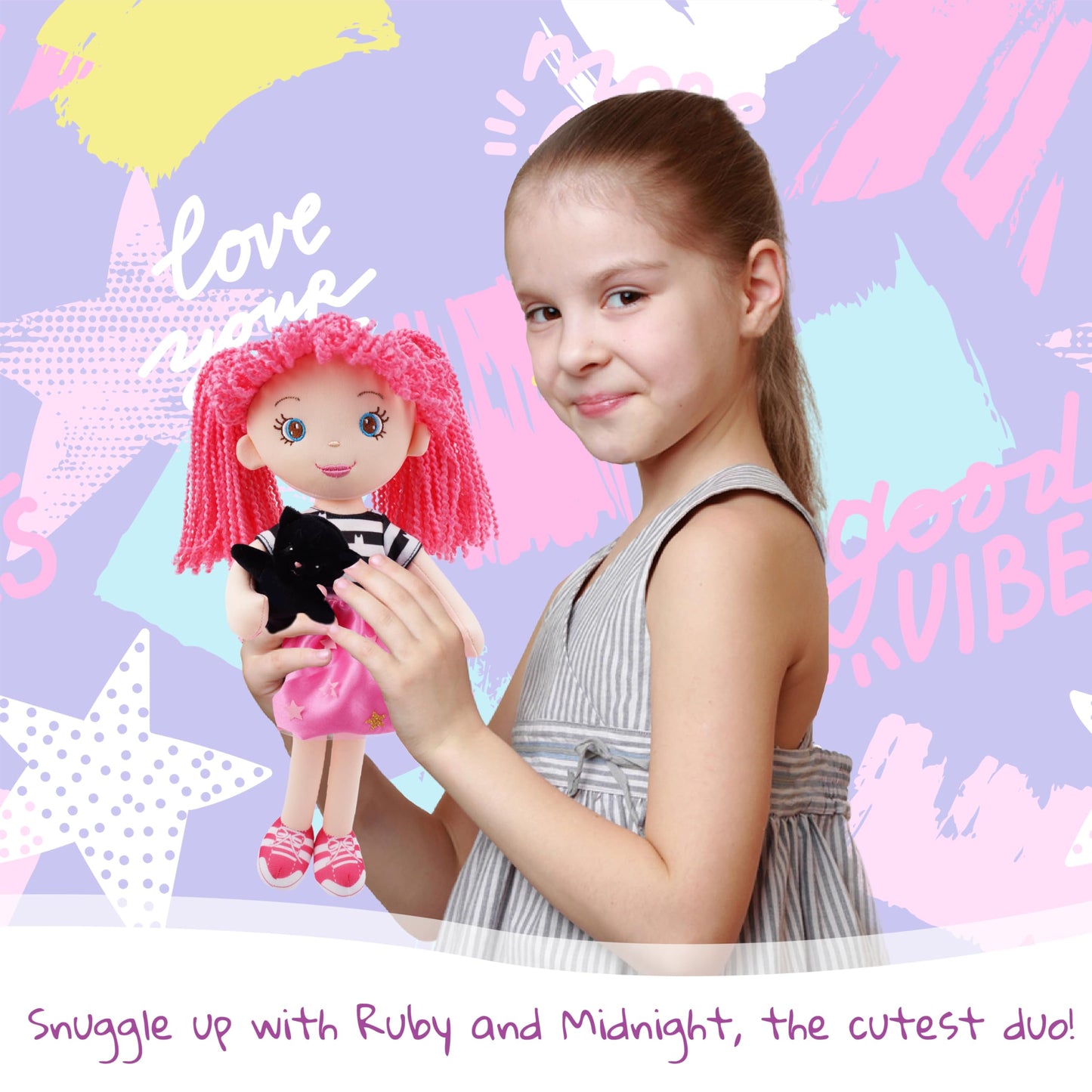 June Garden 15" Playmate Buddies - Plush Doll Mia with Her Stuffed Animal Companion Flamingo Rosie for Kids 1 Year and Up