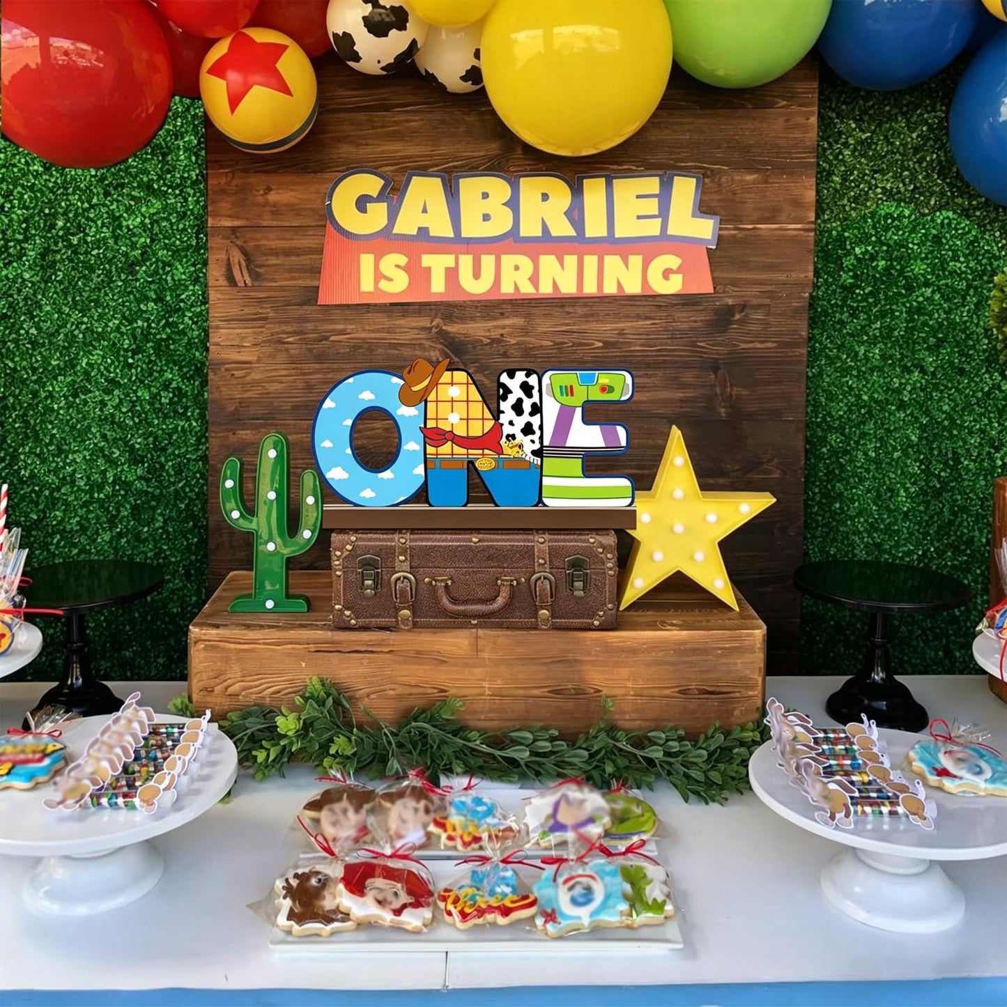Cartoon Story One Letter Sign Wooden Table Centerpiece, Toy Inspired Themed Cowboy 1st Birthday Party Decoration, Toy Theme Party Supplies Baby Shower