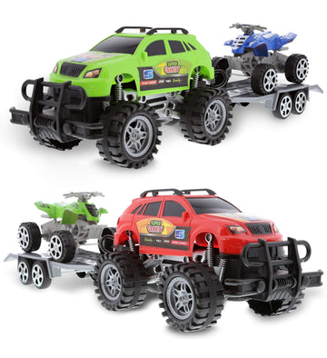 Mozlly Friction Powered Monster Trucks with SUV Towing ATV Trailers - 2 Sets of Monster Truck Toys with Removable Hook Up ATV Towing Trailers Toy