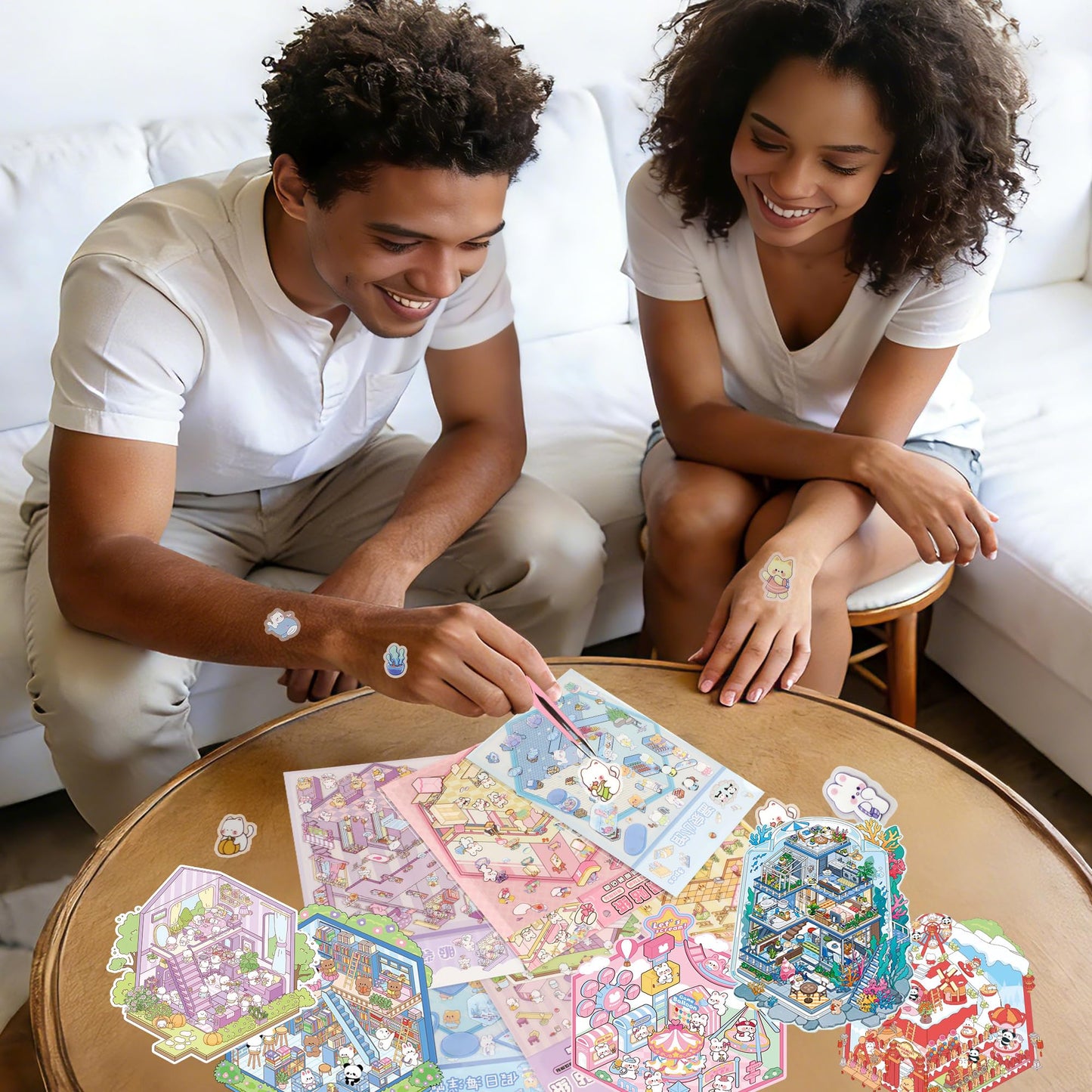 24 Sets 3D Sticker Scene, Sticker Therapy DIY, Kawaii 3D Stickers for Adults, Build Your Own Scene Stickers Collection Cozy Room Cute Miniature House