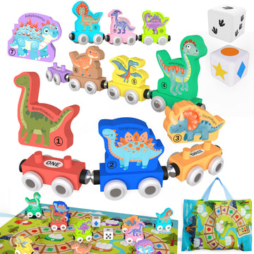 ORBRIUM Wooden Train Set Magnetic Dinosaur Trains Montessori STEM Toys Number Counting Shapes Colors Dice Game Mat Bag for Toddlers Kids Grandkids