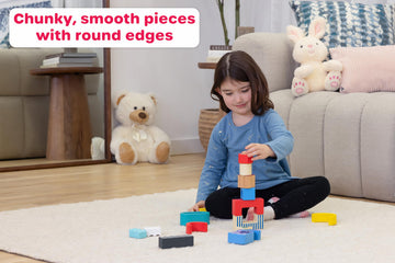Jasey's Toy Chest Wooden Shape & Animal Blocks - 15-Piece Chunky Wooden Set with Rattle, Bell & Colorful Beads for Toddlers Ages 12+ Months