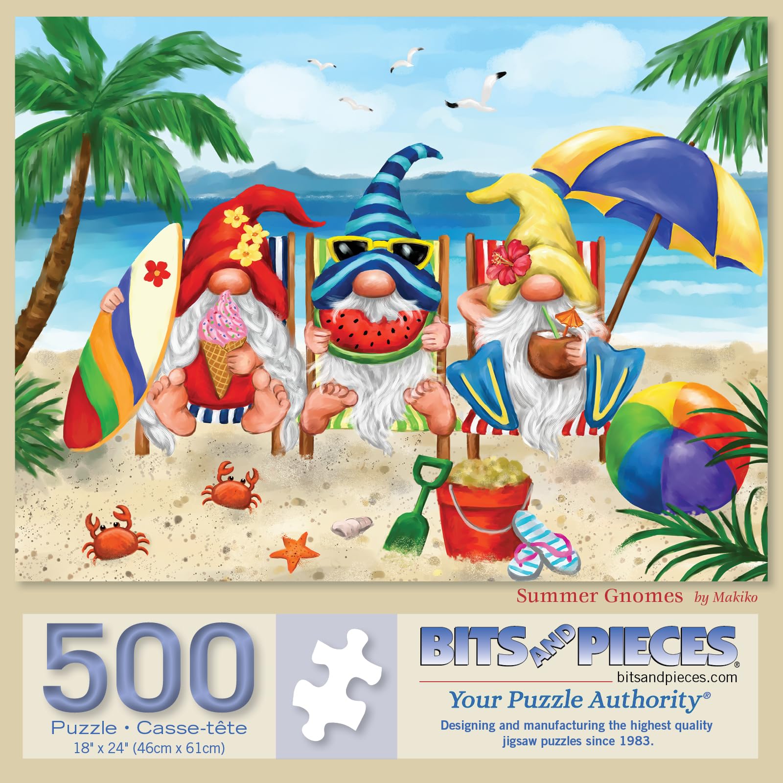 Bits and Pieces 500 Piece Puzzles for Adults - Summer Gnomes - Large 18" x 24" Jigsaw Puzzles 500 Pieces Gnome Puzzle, No 2 Pieces Alike