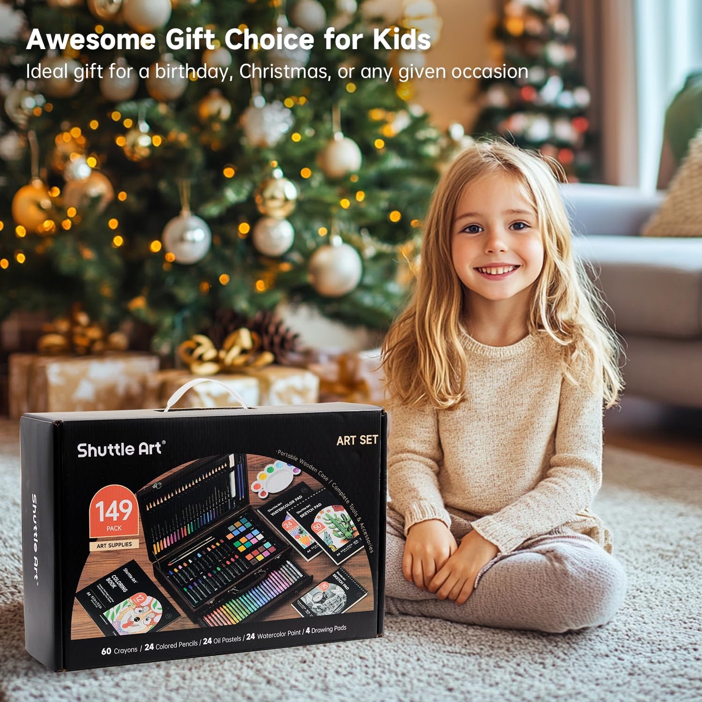 Shuttle Art 149 Piece Deluxe Art Set, Art Supplies in Wooden Case, Painting Drawing Art Kit with Crayons Colored Pencils Oil Pastels Watercolor Cakes