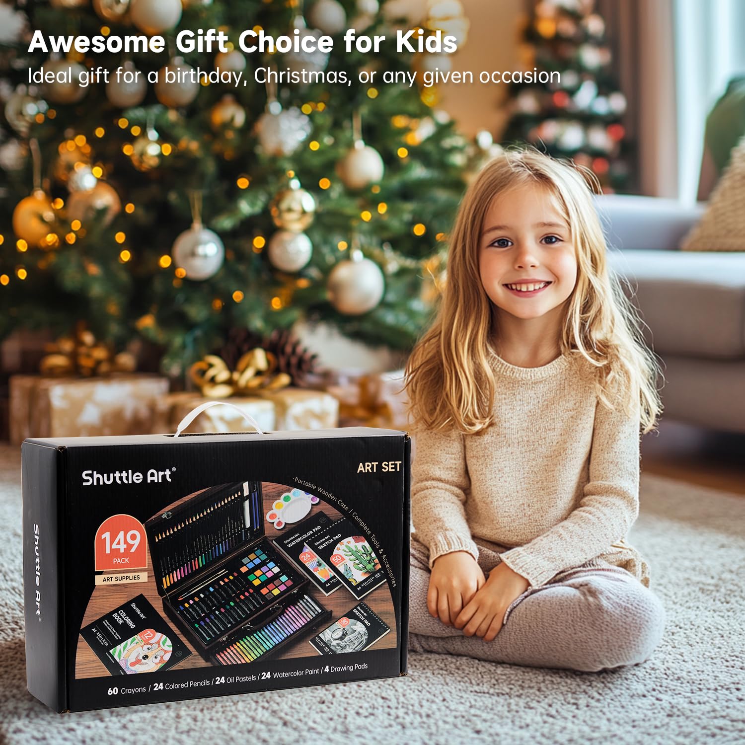 Shuttle Art 149 Piece Deluxe Art Set, Art Supplies in Wooden Case, Painting Drawing Art Kit with Crayons Colored Pencils Oil Pastels Watercolor Cakes