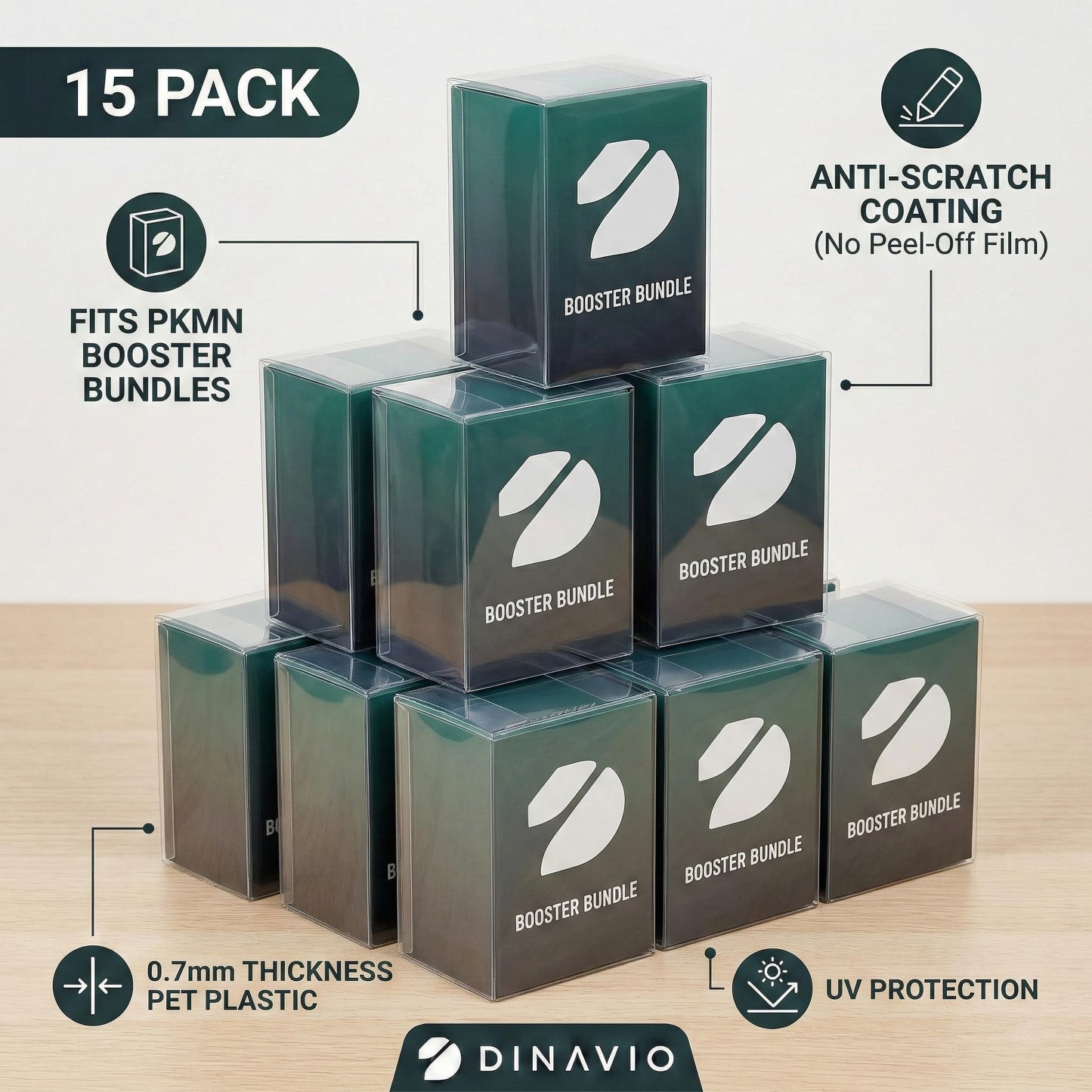 Dinavio Crafthouse 15-Pack PKMN Booster Bundle Protectors PET 0.7mm - Anti-Scratch - UV Protection - Compatible with PKMN Sets Up to Phantasmal Flames