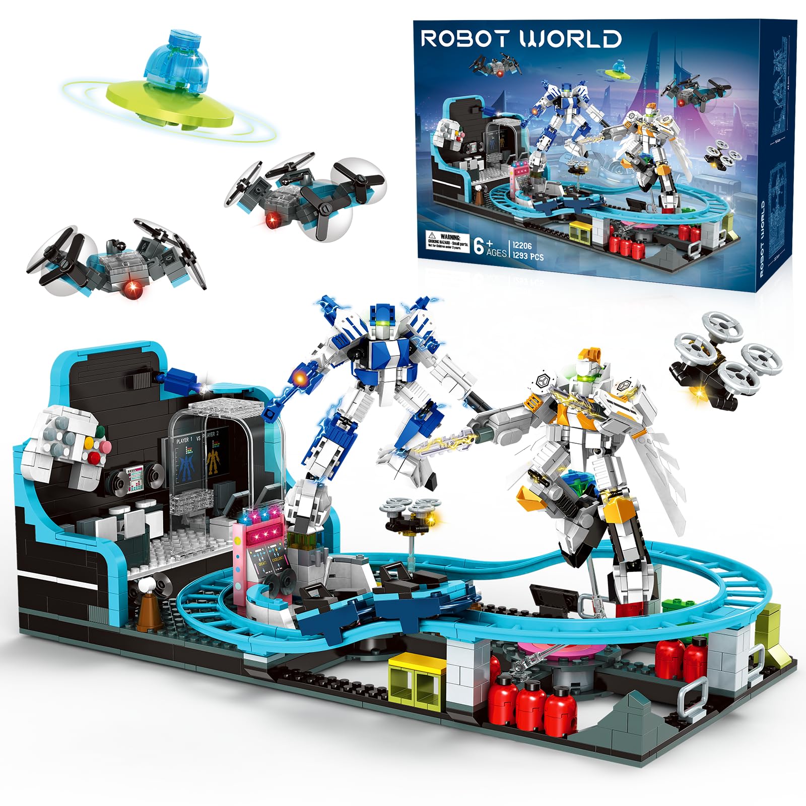 Robot Space Roller Coaster Building Toy for Kids,1293 Pieces Roller Coaster Amusement Park Block Building Set, Interactive Space Station Construction