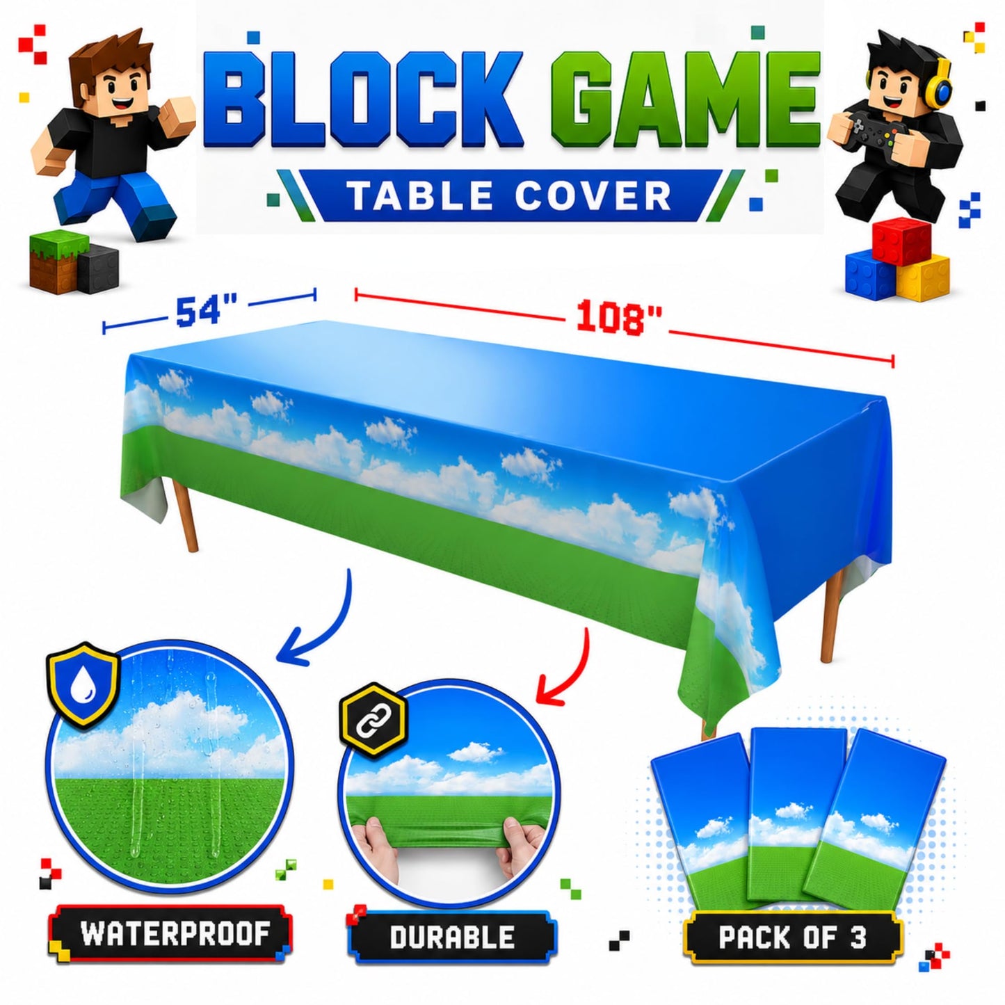 Blue Orchards Block Game Tablecover (Pack of 3) 108" x 54" - Ultimate Virtual World Theme Party Decorations, Accent Tablecloth, Backdrop, Gift Wrap