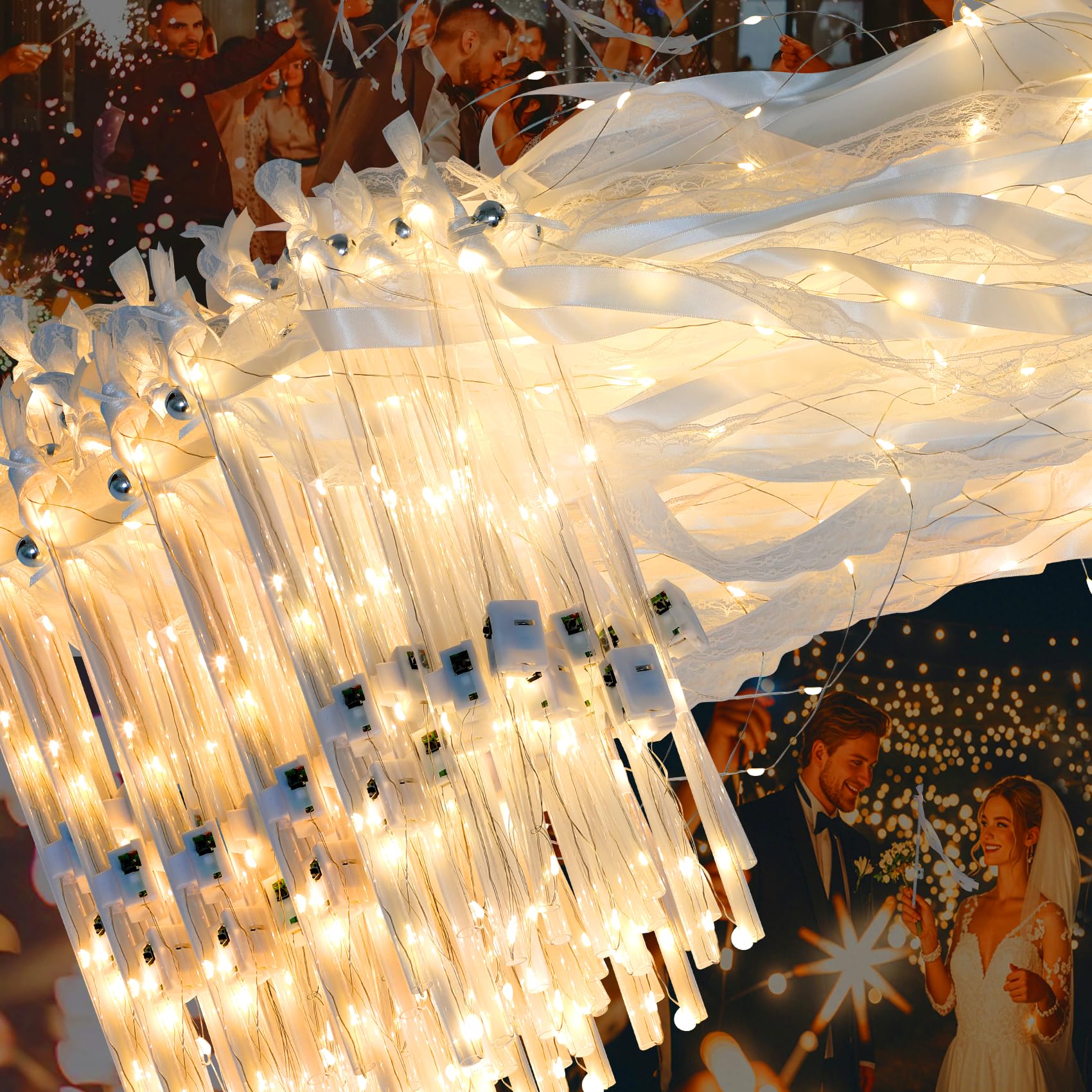 50 PCS Wedding Wands with Ribbons & Bells, Romantic Sparkle with Three Light Modes, Light up Wands for Wedding Send off, New Year, Birthday Party