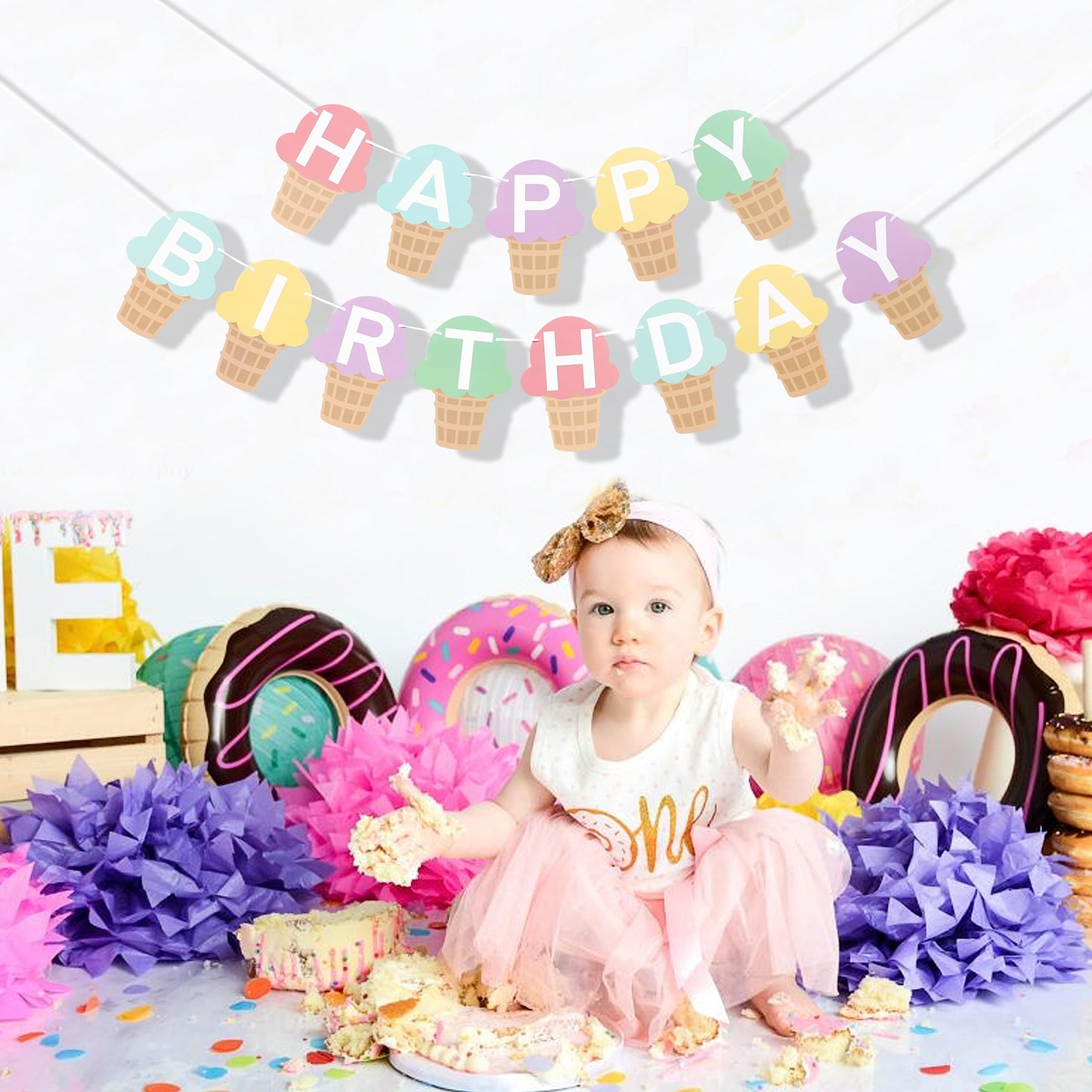 Ice Cream Happy Birthday Banner - Ice Cream Birthday Party Decoration,Summer Birthday Banner,Ice Cream 1st Birthday Banner,Ice Cream First Photo Props