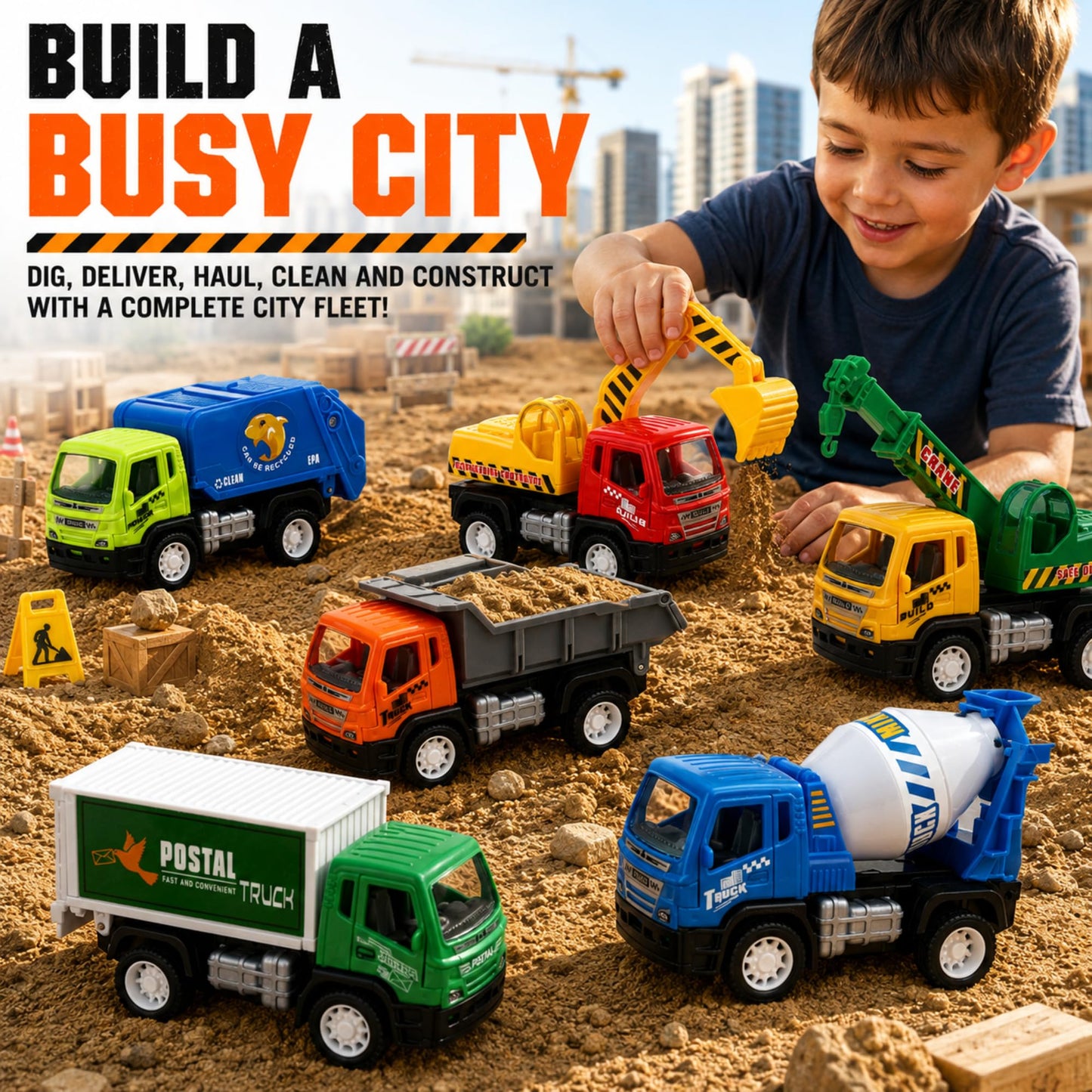6 Pack Pull Back Construction Trucks for Kids, 4.5" Toy Vehicles