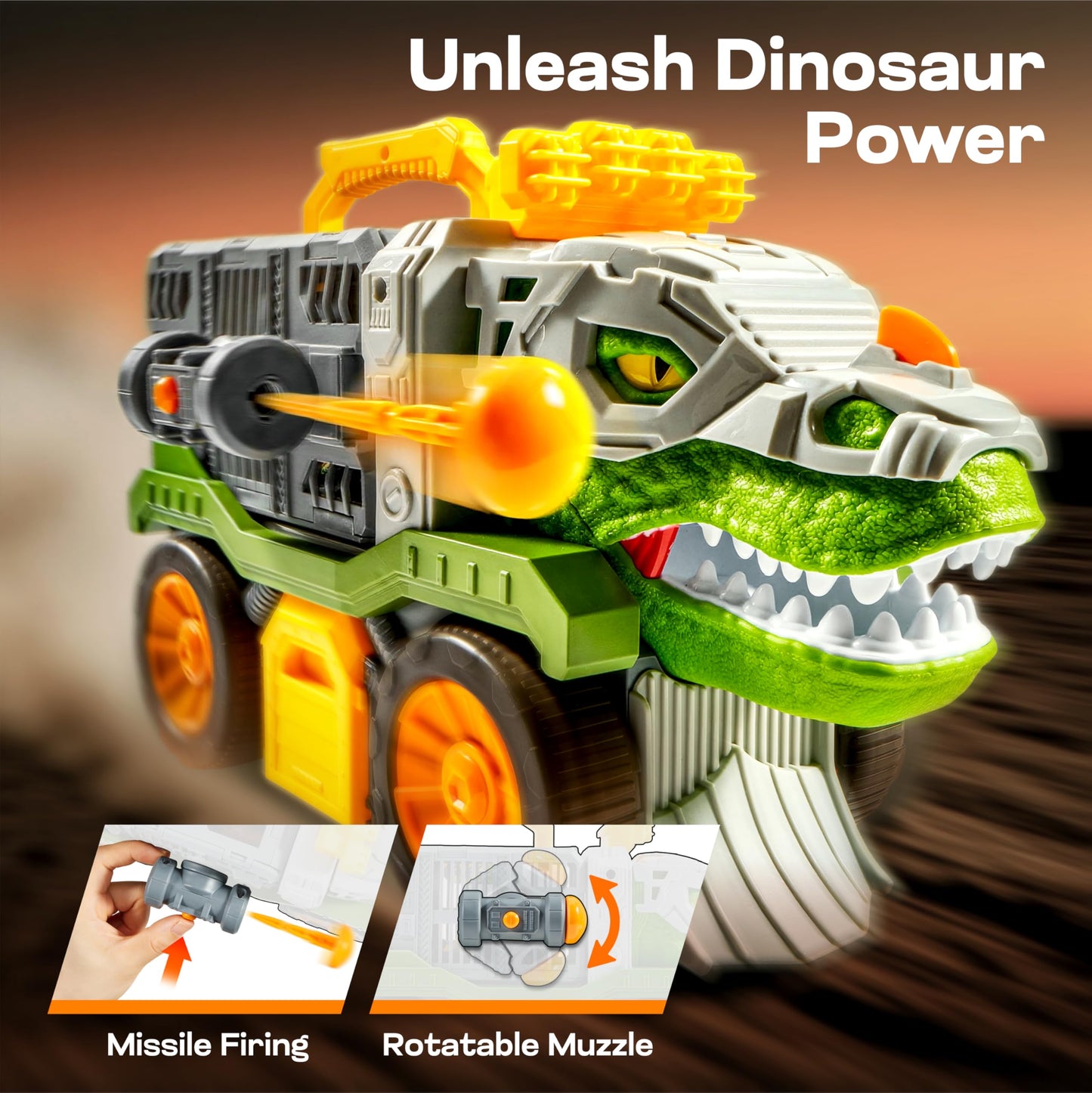 Vroomix JOVA Dinosaur Toys for Kids 3-5, Dinosaur Carrier Truck with 2 Pcs Cars and 6 Pcs Figures for Toddlers, T.Rex Truck with Launcher and Darts