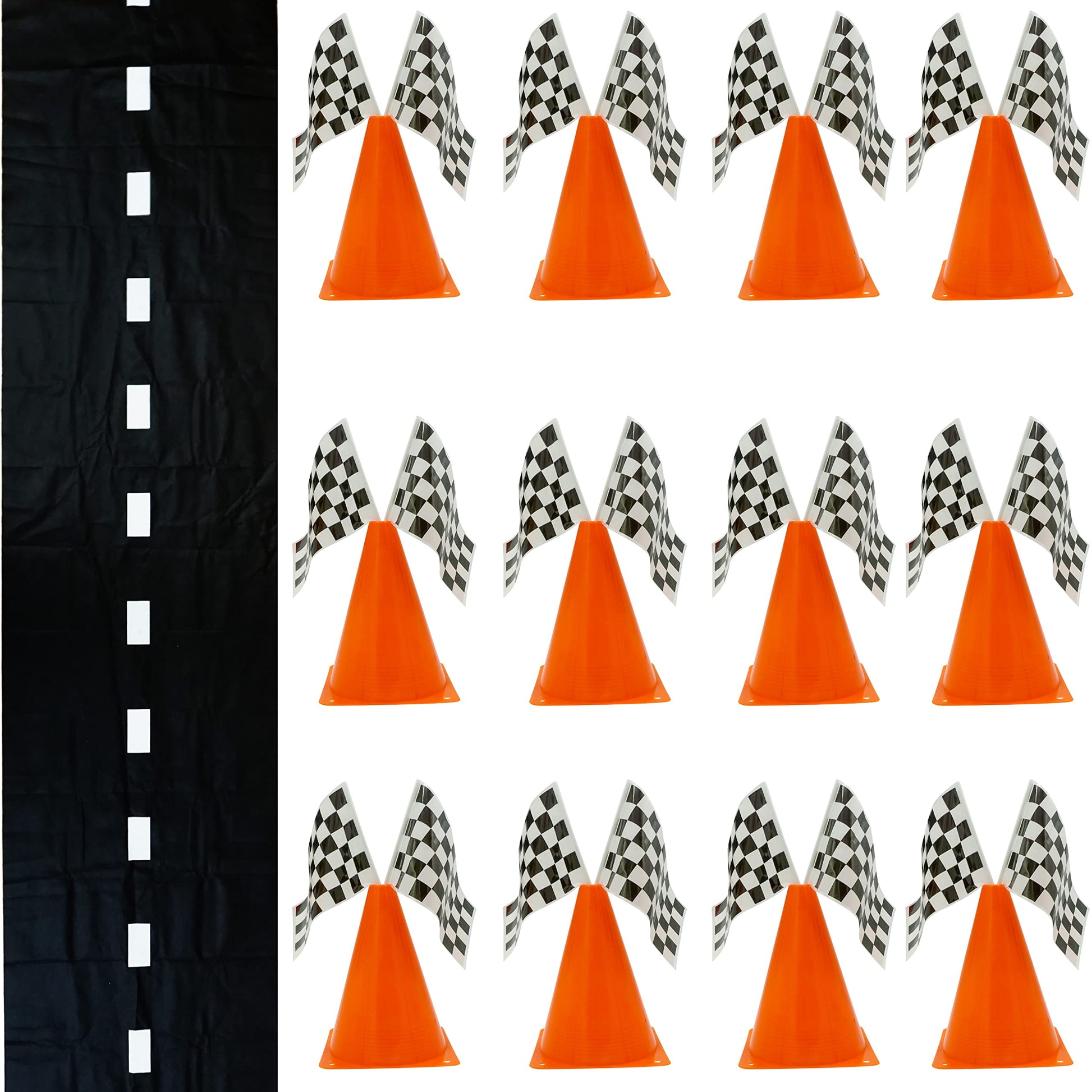 4E's Novelty 38 Pieces Set - 12 Traffic Cones With Hole on Top, 24 Checkered Flags, Racetrack Floor Runner - for For Race Car Birthday Party Supplies