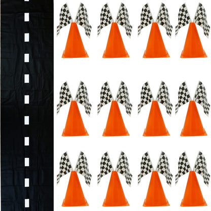 4E's Novelty 38 Pieces Set - 12 Traffic Cones With Hole on Top, 24 Checkered Flags, Racetrack Floor Runner - for For Race Car Birthday Party Supplies