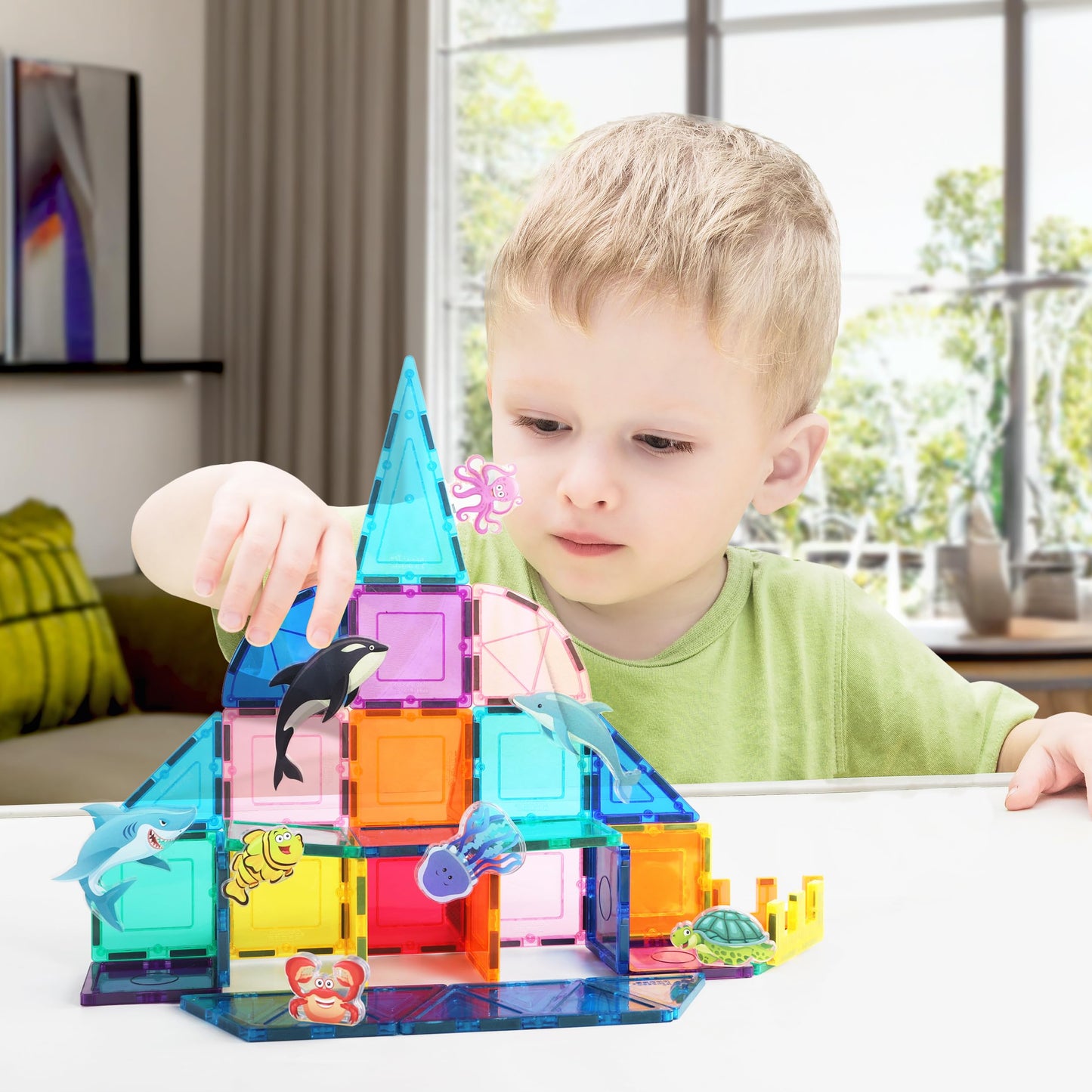 PicassoTiles Magnet Tile Building Blocks 8 Marine Animal Action Figures Compatible Magnetic Accessory Playset Tiles Kids Toys STEM Educational