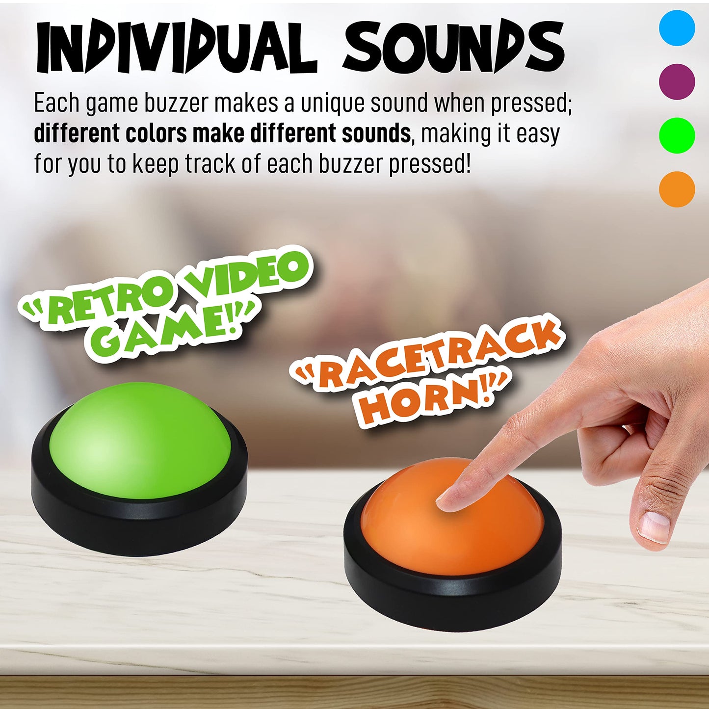 Teacher's Choice 4 Pack Game Buzzers with Unique Loud Sounds for Each Buzzer | Great for Trivia Games, Family Feud, Jeopardy, Competition, Spelling