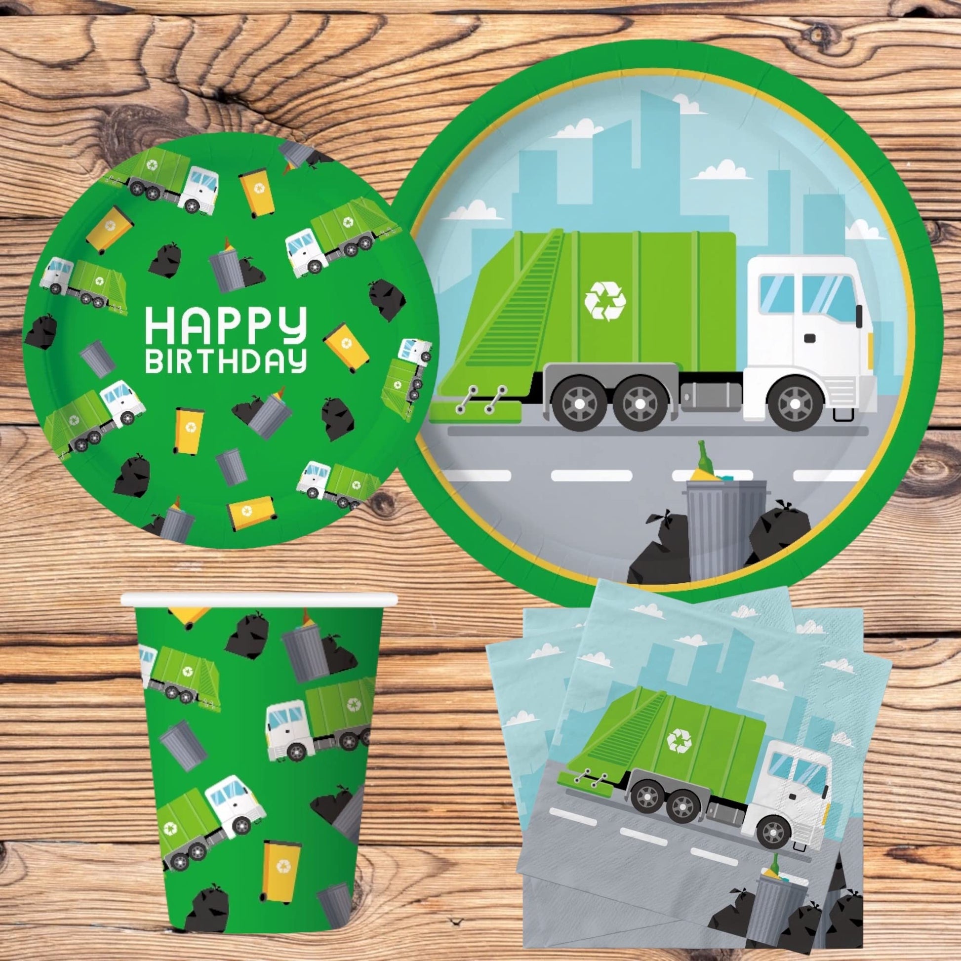 Oojami Garbage Truck Party Supplies - Serves 24, Complete Birthday Tableware Set with Plates, Cups, Napkins & Table Covers for Kids Garbage Truck