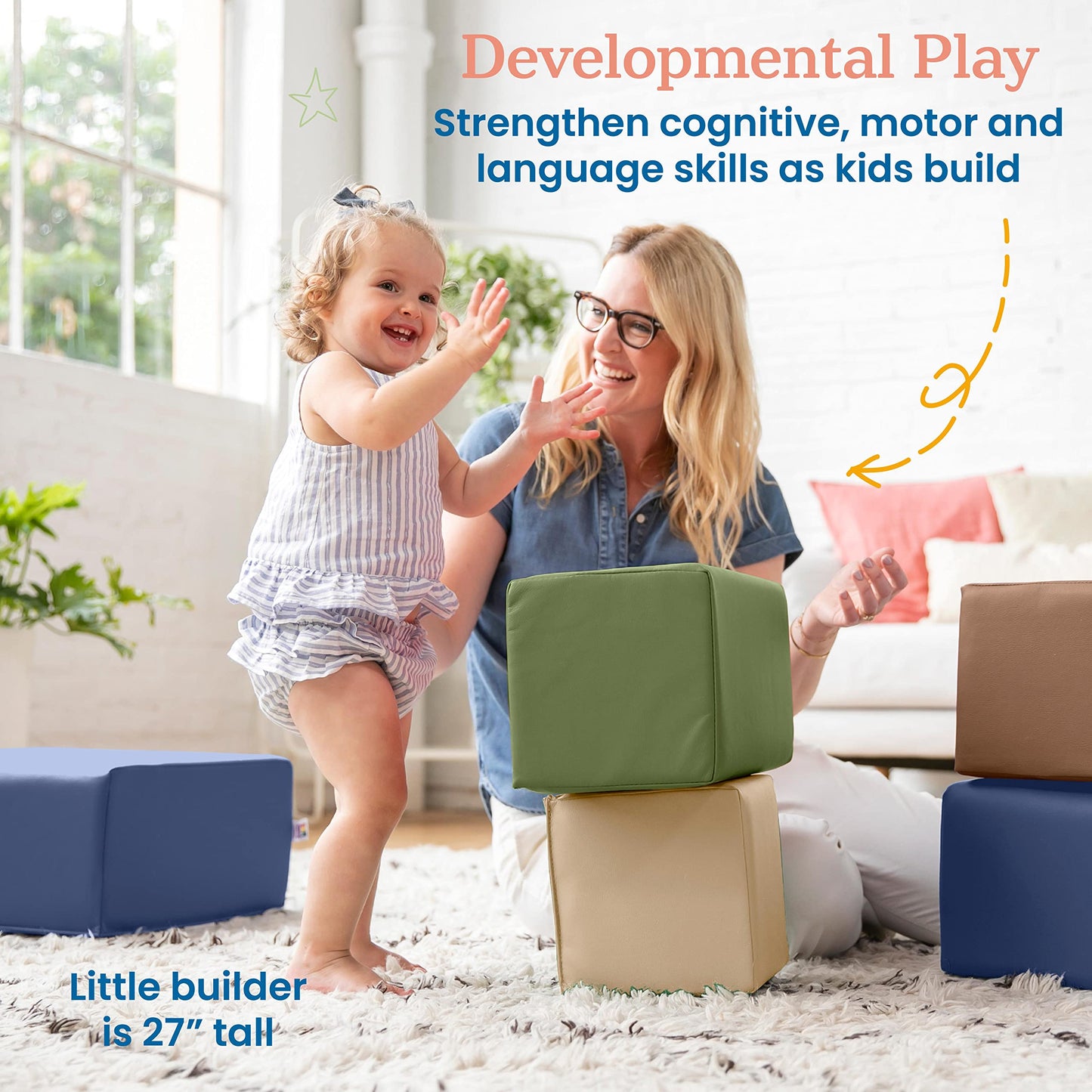 ECR4Kids SoftZone Toddler Foam Building Blocks, Foam Playset, Earthtone, 7-Piece