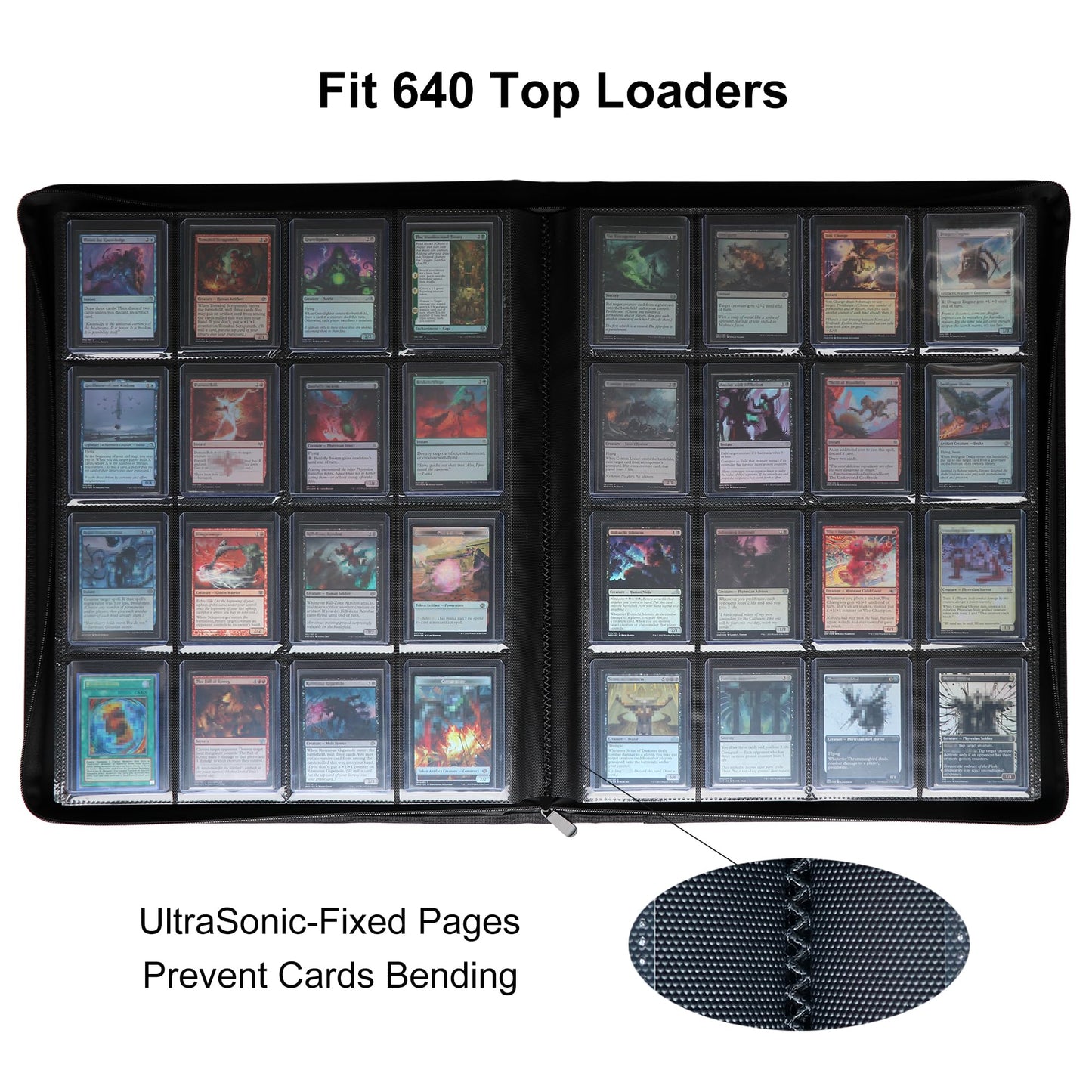 GrinOwl 16 Pocket Top loader Binder, Holds 640 Top Loaders, Large Top loader Card Binder with Sleeves for Cards in 3" x 4" Top loaders