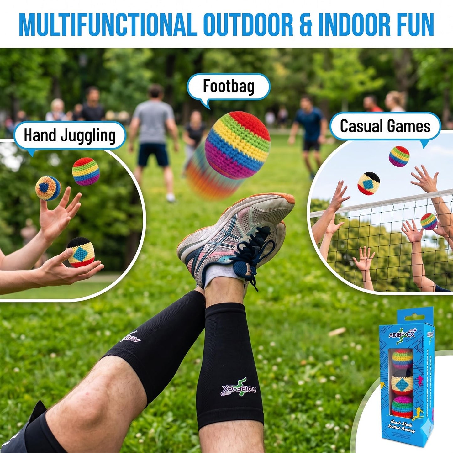 3 Pack Crochet Hack Footbag Set, Hand-Made Knitted Footbags Sac, Durable Knit Kick Bags, Soft Woven Juggling Balls for Coordination Training, Outdoor