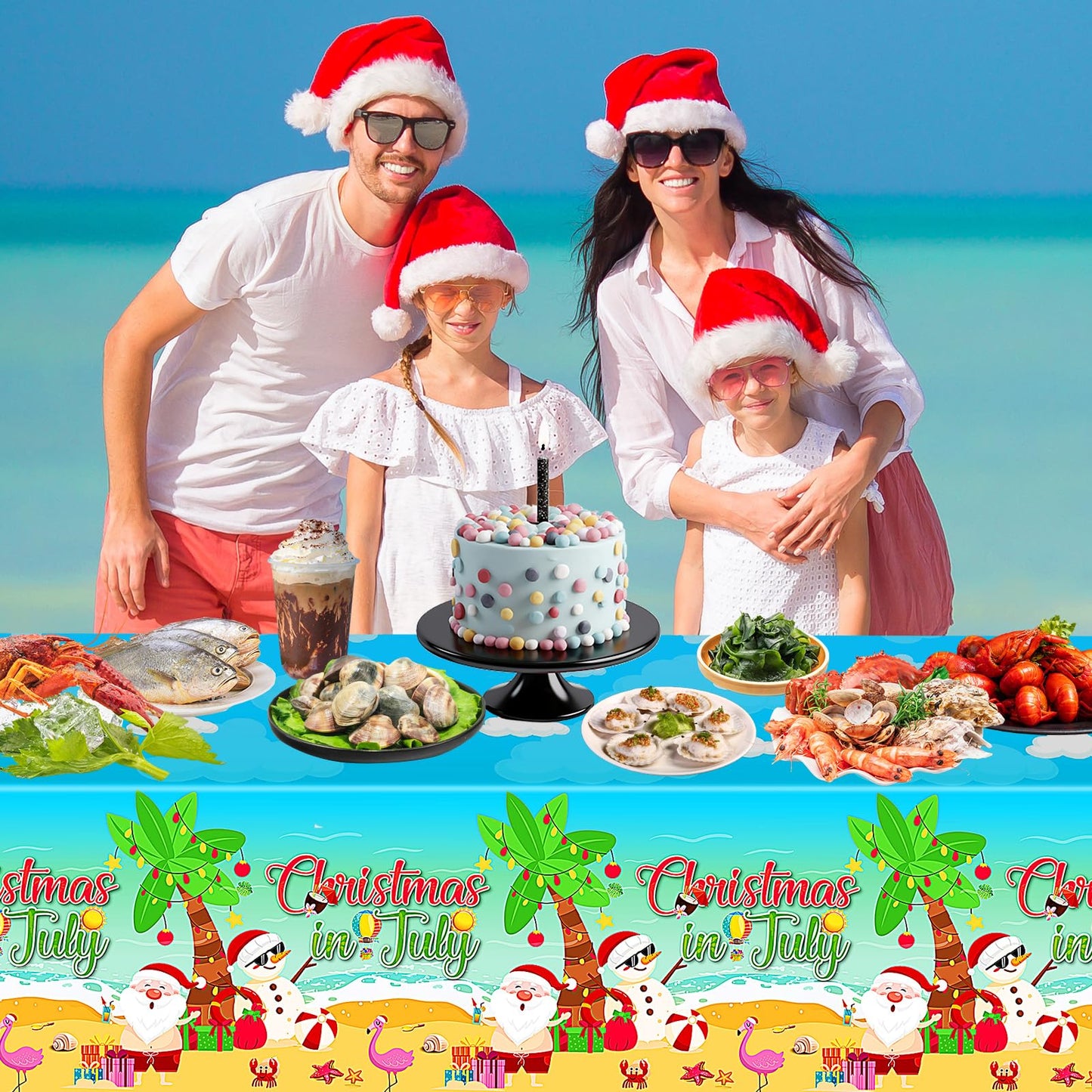 3 Pcs Christmas in July Tablecloth - Summer Christmas Table Cloth, Disposable Plastic Rectangle Blue Table Cover for hawaiian Beach Xmas Decorations