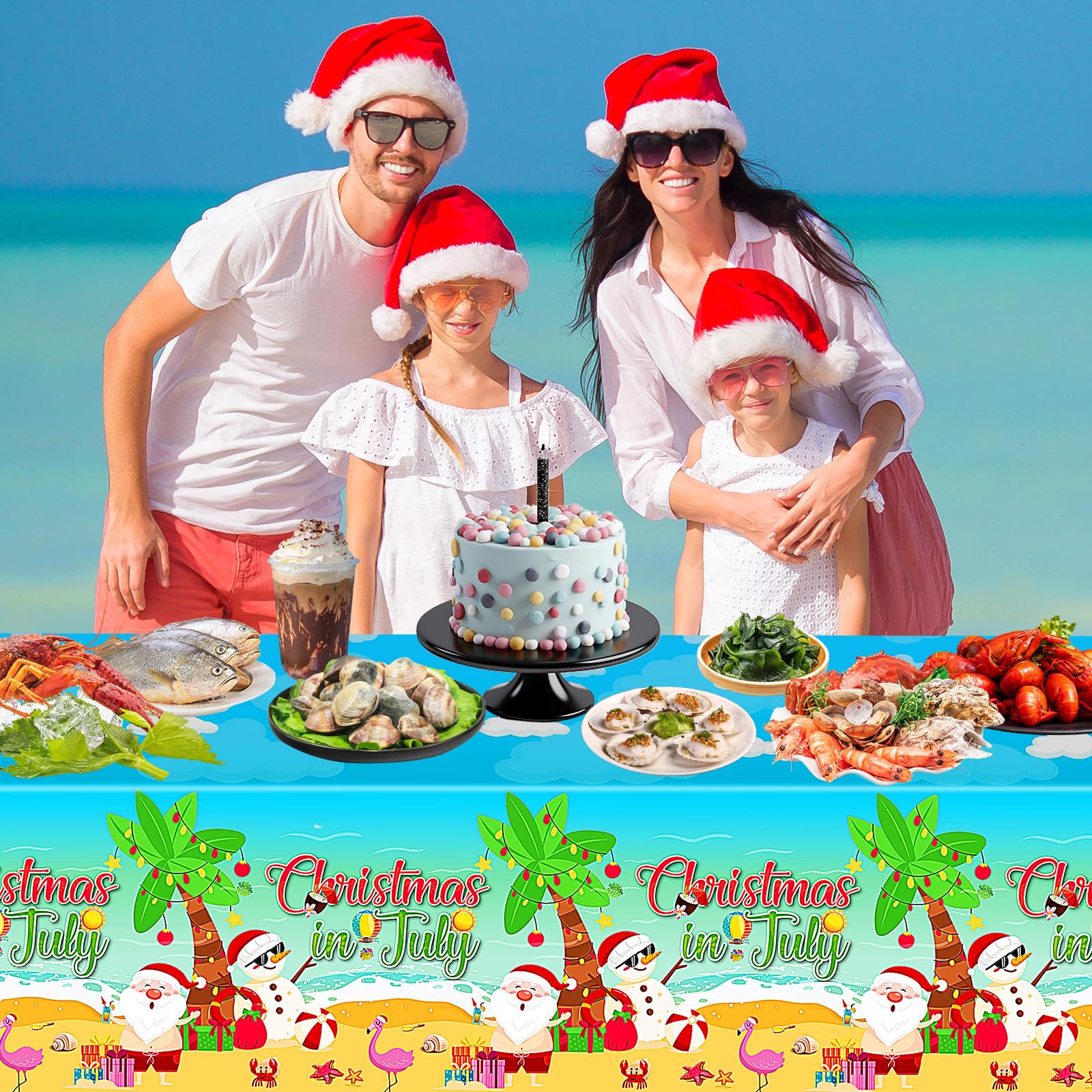 3 Pcs Christmas in July Tablecloth - Summer Christmas Table Cloth, Disposable Plastic Rectangle Blue Table Cover for hawaiian Beach Xmas Decorations