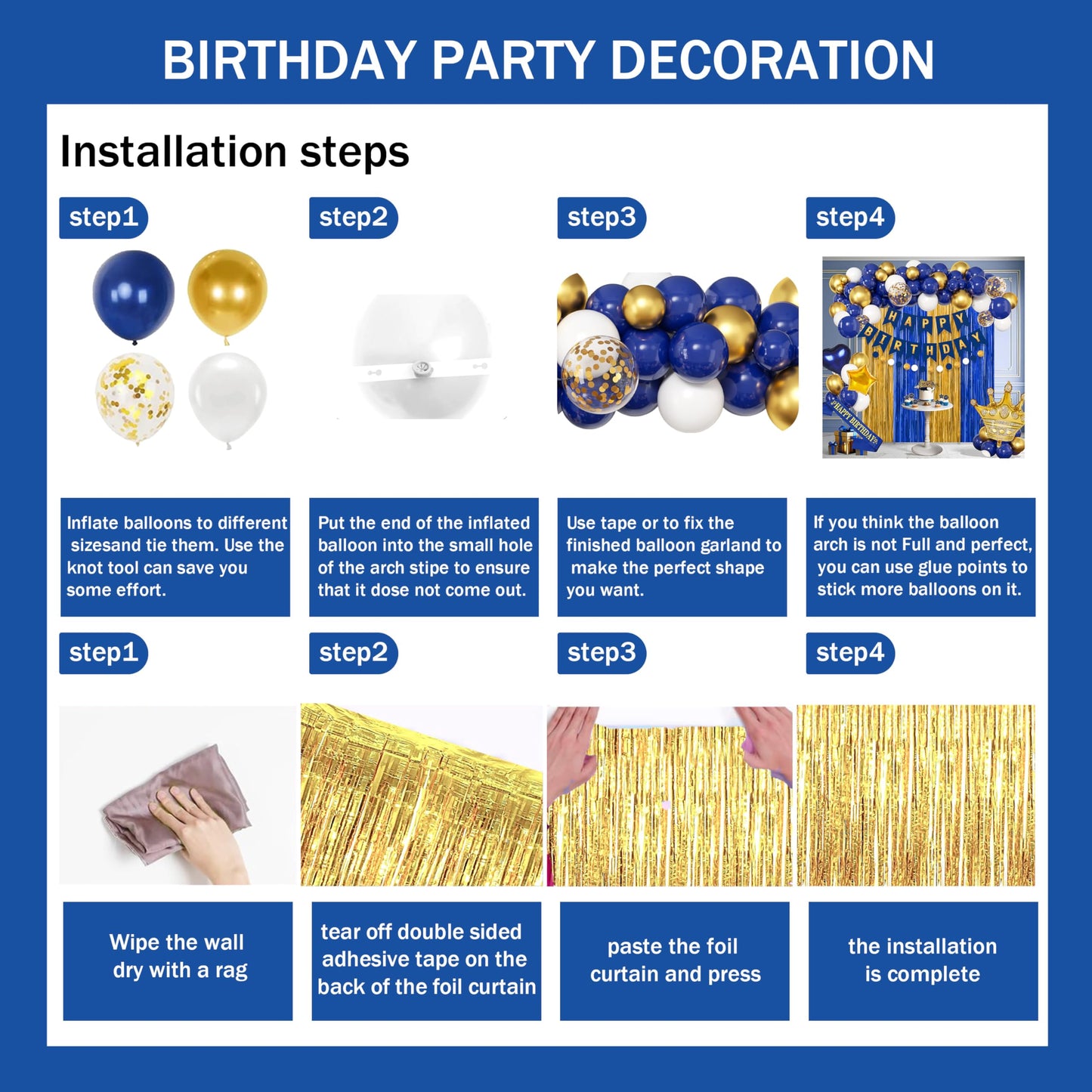 Blue And Gold Birthday Decorations for Men,Fringe Curtains Happy Birthday Banner,Red balloons,Cake Toppers for Boys