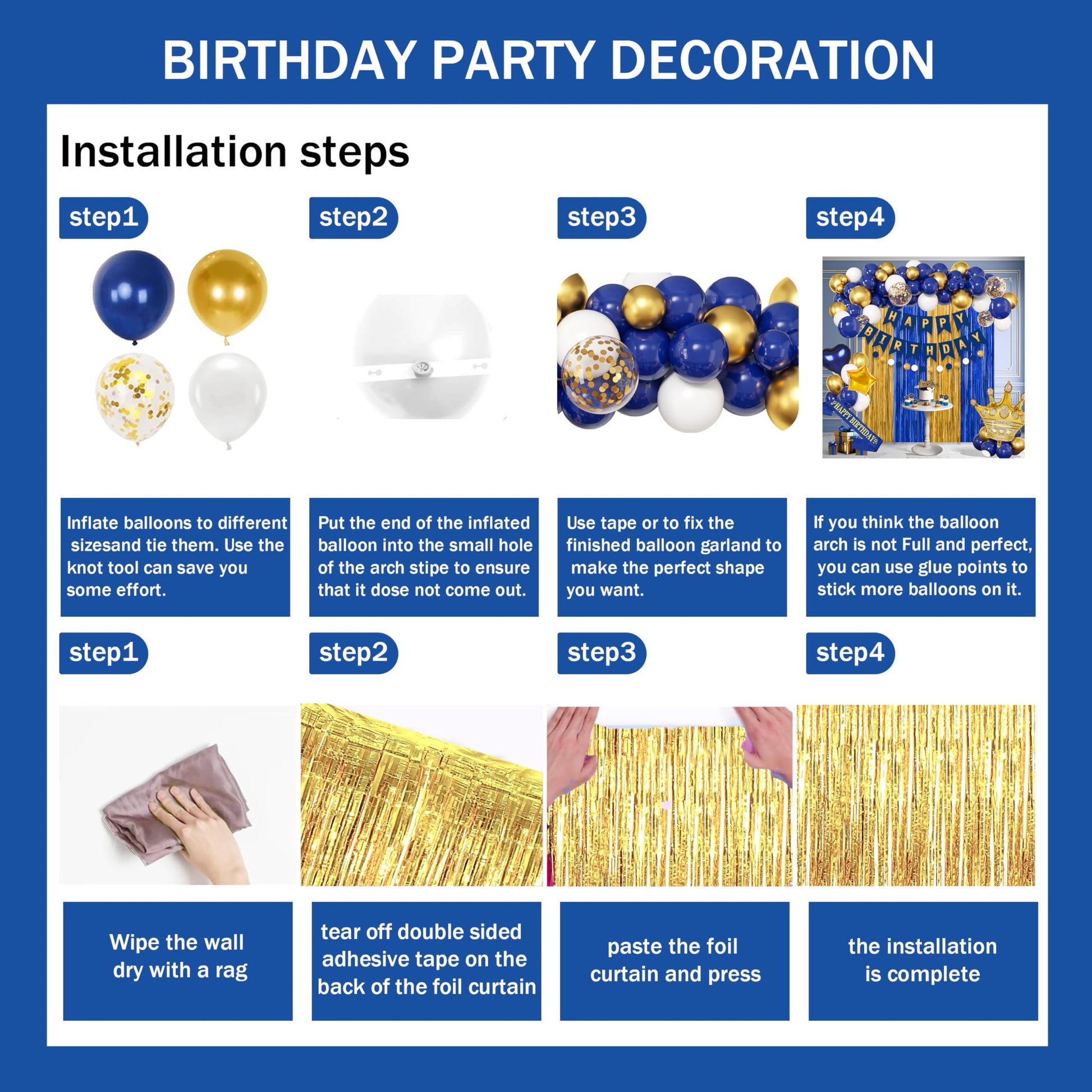 Blue And Gold Birthday Decorations for Men,Fringe Curtains Happy Birthday Banner,Red balloons,Cake Toppers for Boys