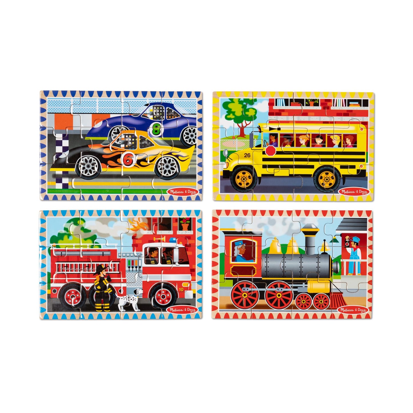 Melissa & Doug 4‑in‑1 Wooden Vehicle Jigsaw Puzzle Set, 48 Pieces with Storage Box, Toddler Puzzle Toy for Kids Ages 3+- FSC Certified