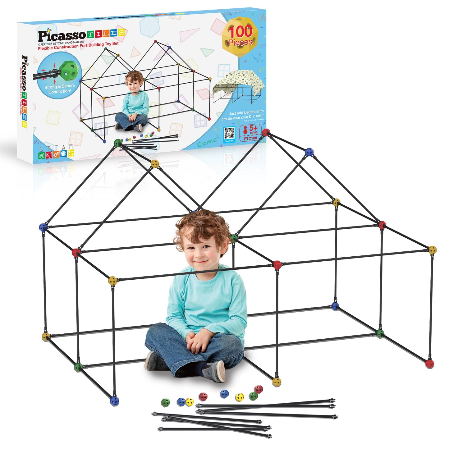 PicassoTiles Kids Fort Building Kit Playset 100 Piece Indoor and Outdoor Toy Set Fort Construction Builders Blocks Toys for Kids Boys Girls STEM