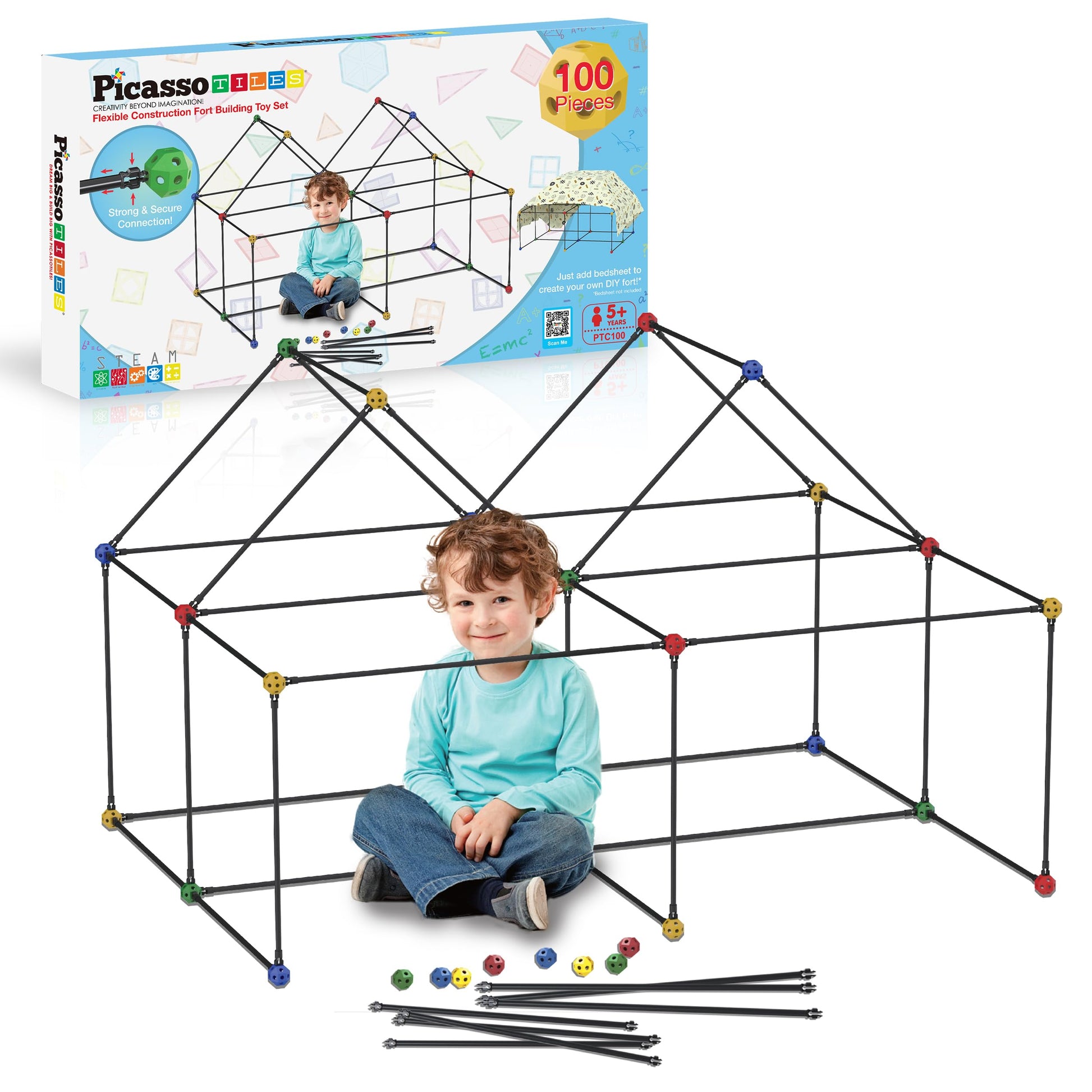PicassoTiles Kids Fort Building Kit Playset 100 Piece Indoor and Outdoor Toy Set Fort Construction Builders Blocks Toys for Kids Boys Girls STEM