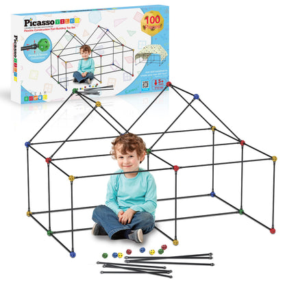 PicassoTiles Kids Fort Building Kit Playset 100 Piece Indoor and Outdoor Toy Set Fort Construction Builders Blocks Toys for Kids Boys Girls STEM