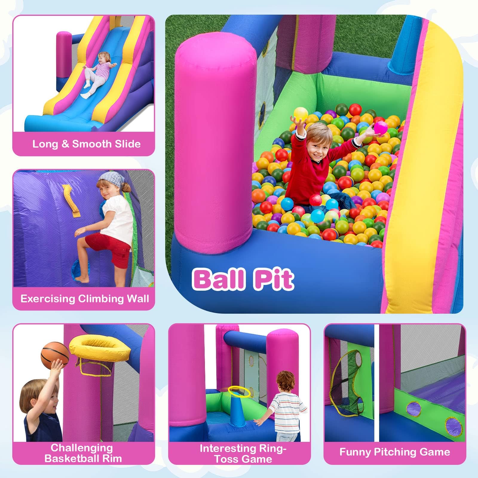 BOUNTECH Inflatable Bounce House, Princess Bouncy House with Long Slide & Ball Pit & Basketball Pit for Kids 3-10, Birthday Party Toddler Bounce House