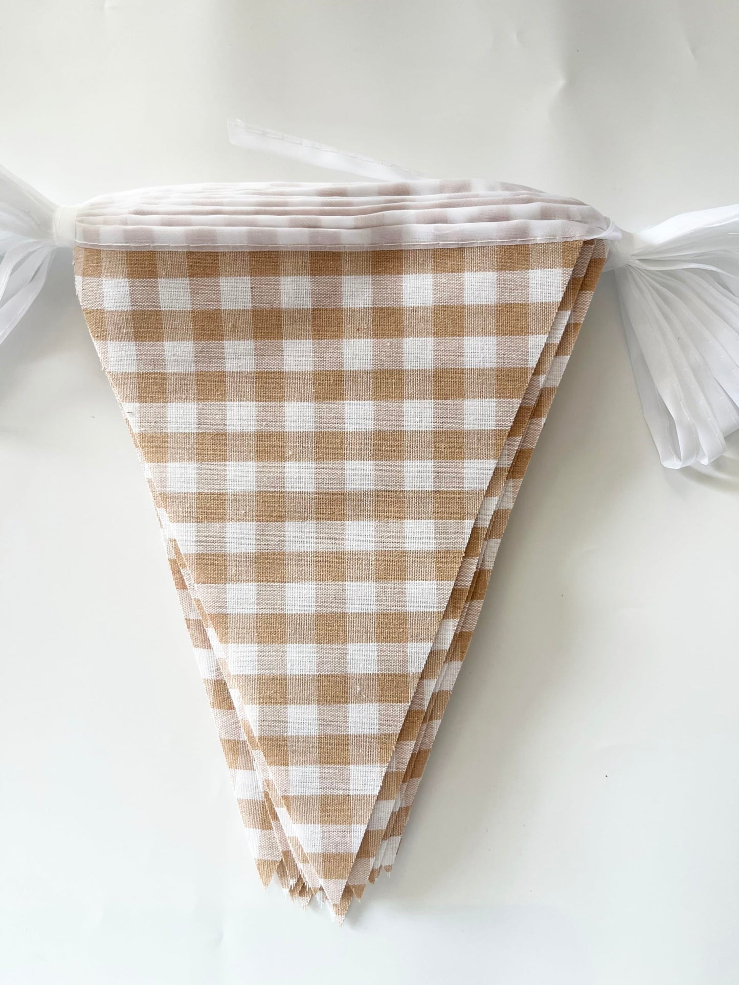 16 Meters 52ft Beige Khaki White Fabric Gingham Pennant Banner Double Sided Cotton Checkered Bunting Triangle Flags Neutral Party Decoration
