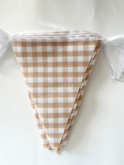 16 Meters 52ft Beige Khaki White Fabric Gingham Pennant Banner Double Sided Cotton Checkered Bunting Triangle Flags Neutral Party Decoration