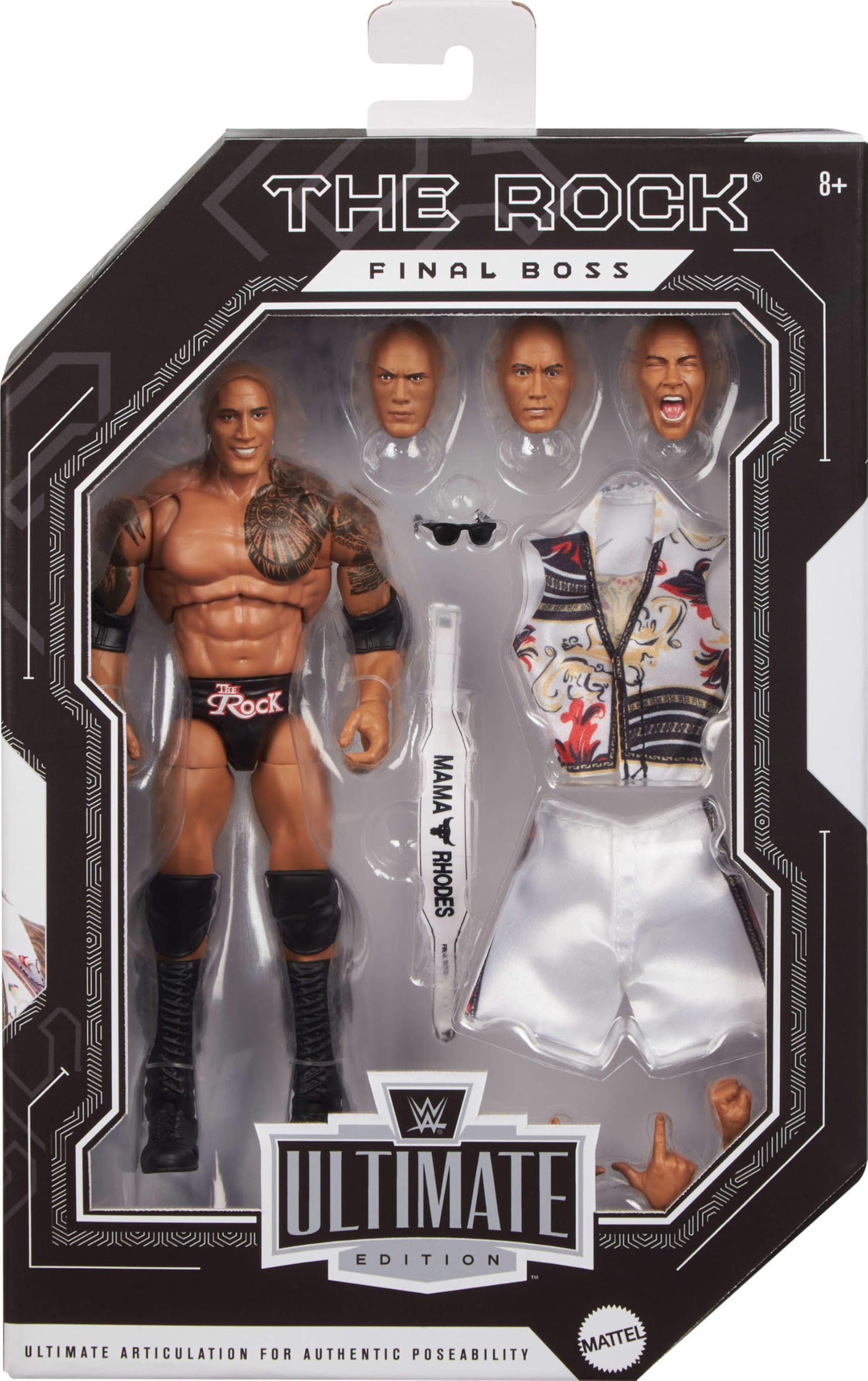 Mattel WWE Ultimate Edition Action Figure & Accessories Set, The Rock Final Boss 6-inch Collectible with Swappable Heads & Hands, 30 Articulation