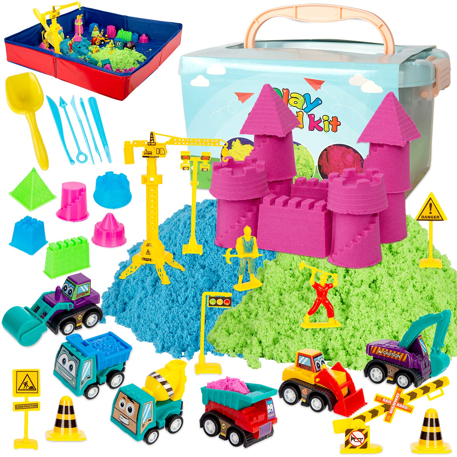 ThinkMax Sand Kit for Kids, 3lbs Sand, 6 Mini Construction Trucks