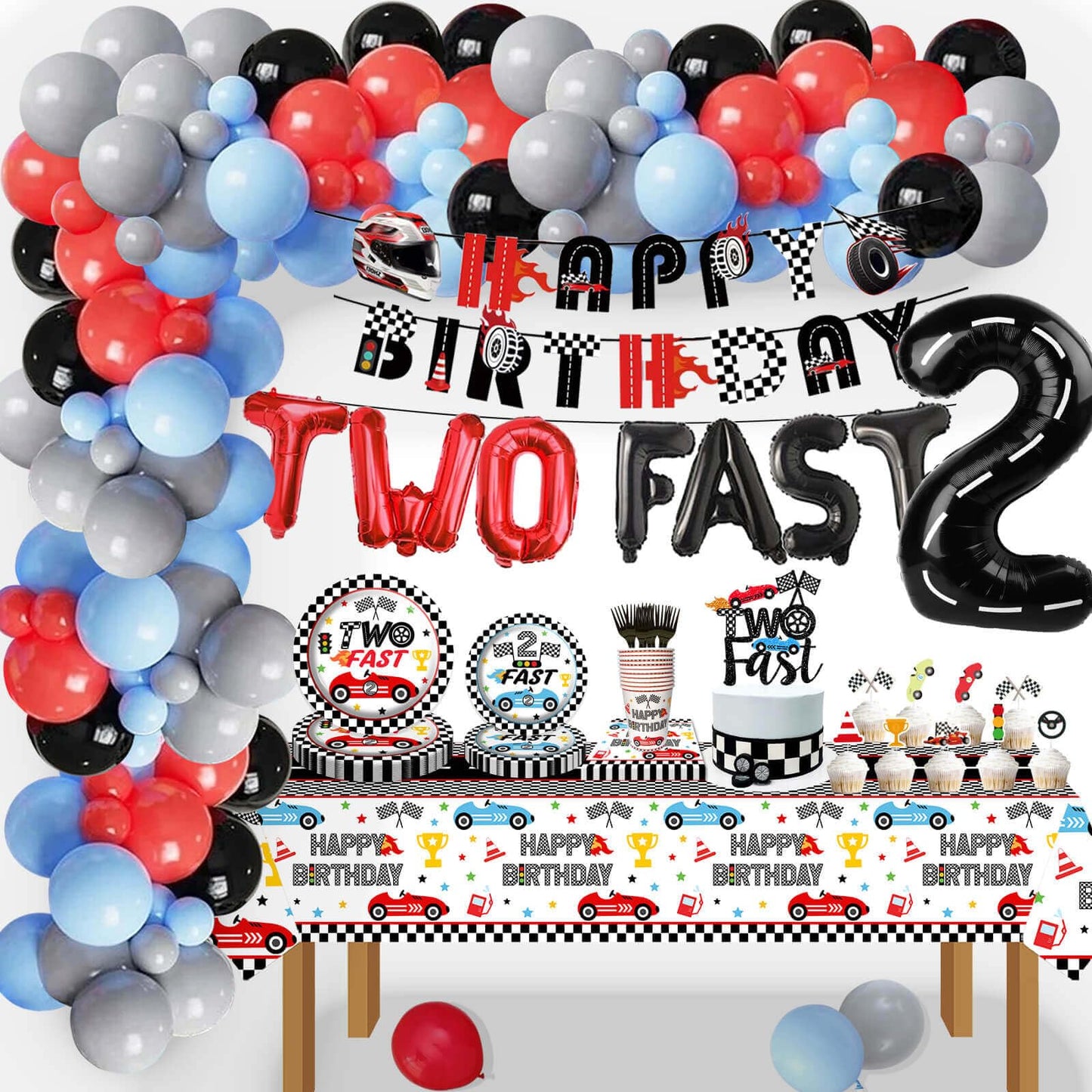 126pcs Race Car 2nd Birthday Party Decorations - White and Black Checkered Racing Car Two Fast Dessert Plates Napkins Cups Straws Table Cloth for Kids